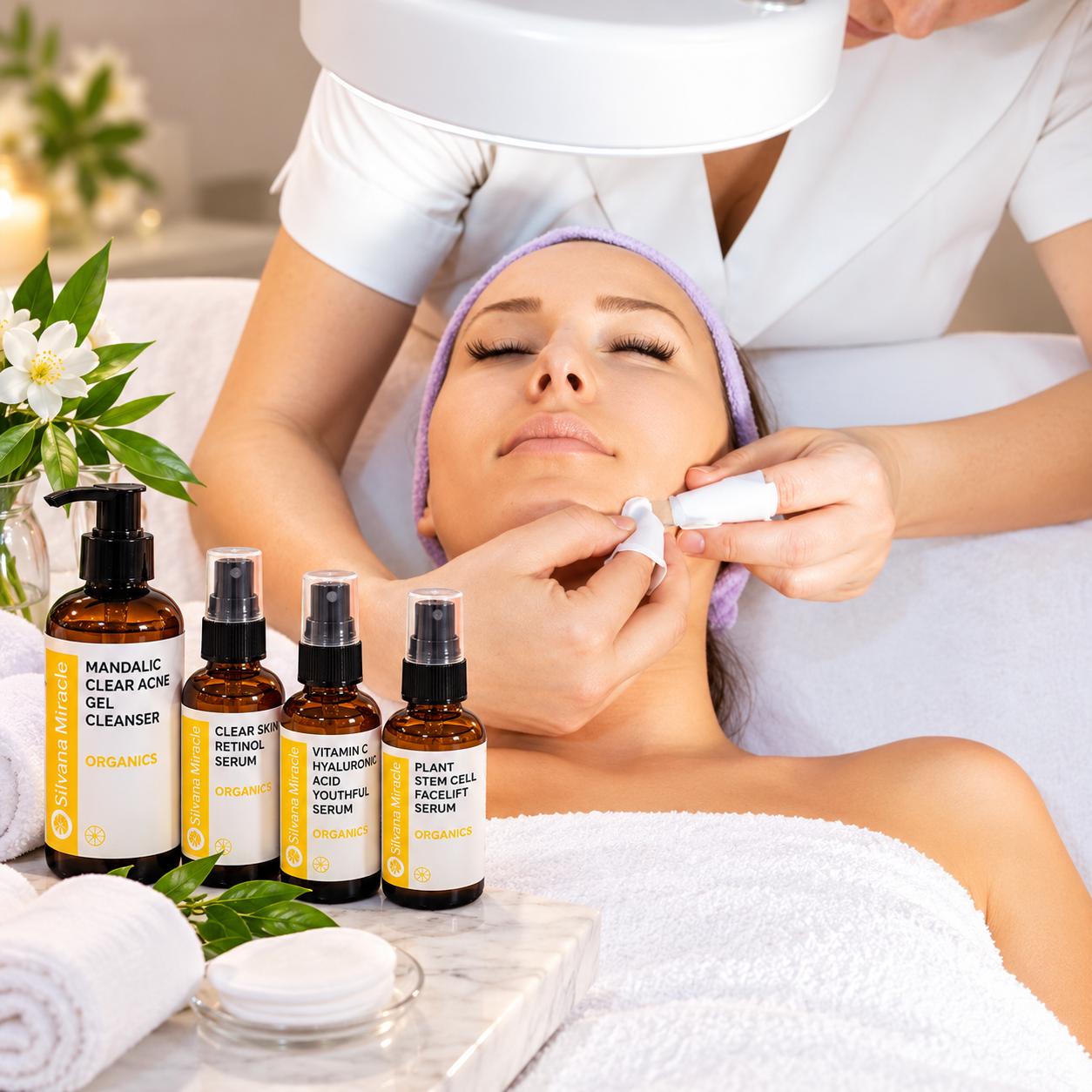 Esthetician cleansing a client’s skin during a deep pore facial