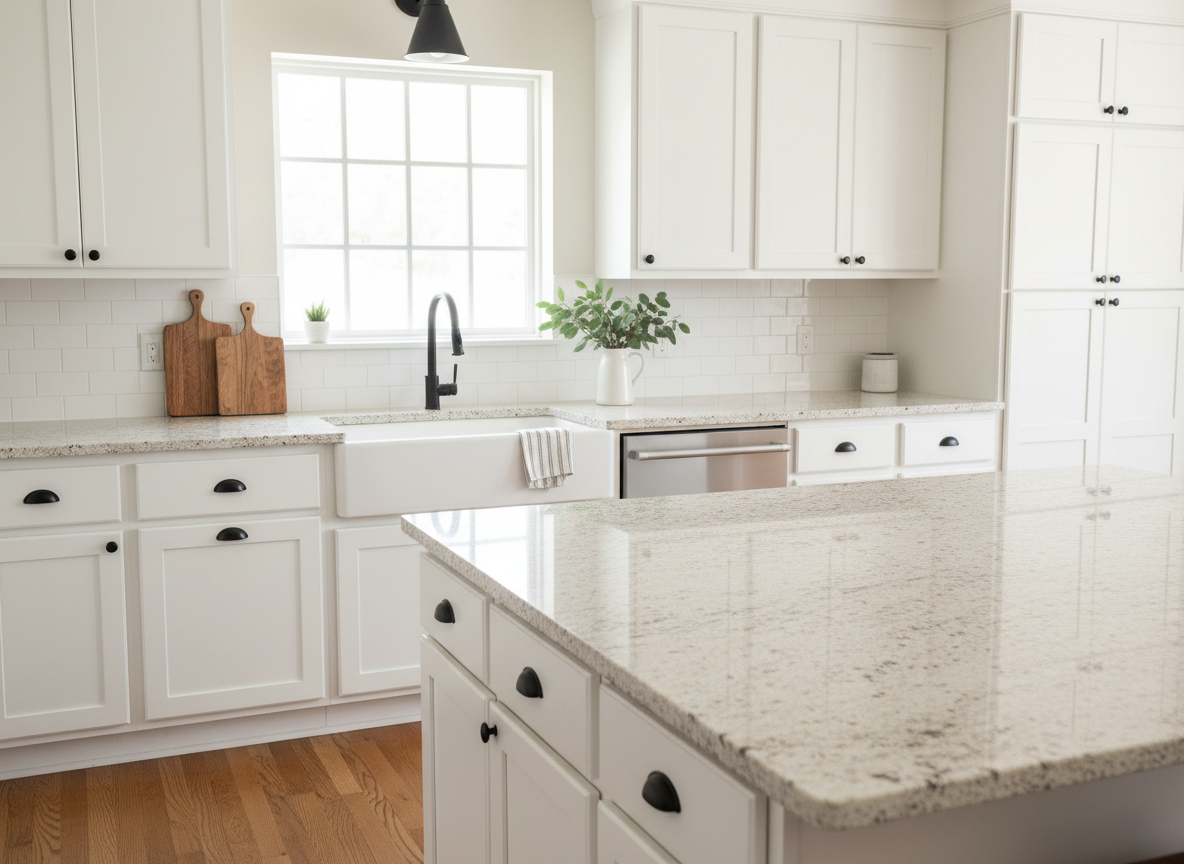 Close view of a finished countertop and sink area
