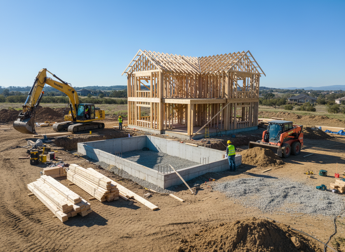Excavation equipment working beside a framed new home in the Golden Triangle