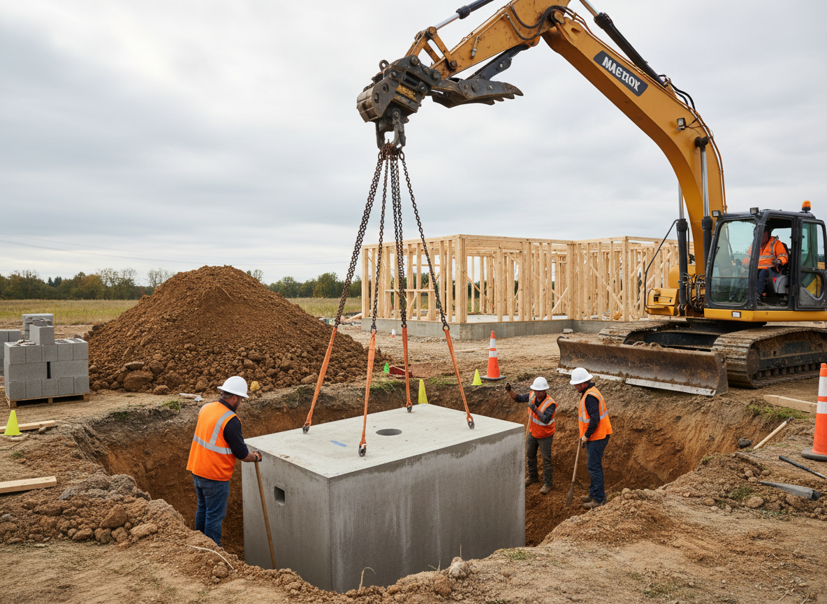 Professional excavation equipment at a residential job site