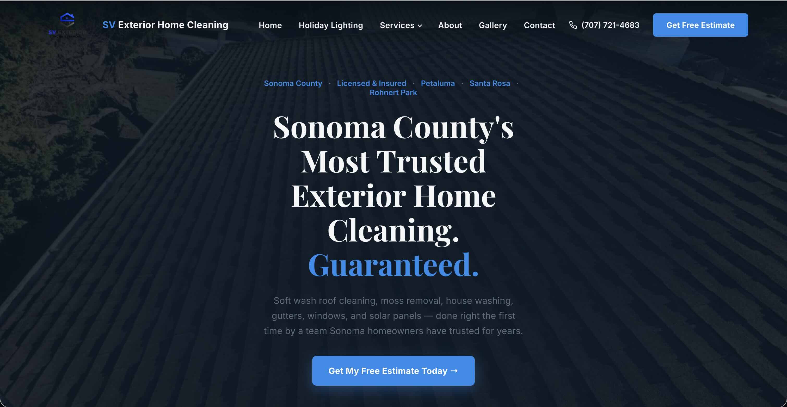 Homepage hero of the SV Exterior website, built by NexLead