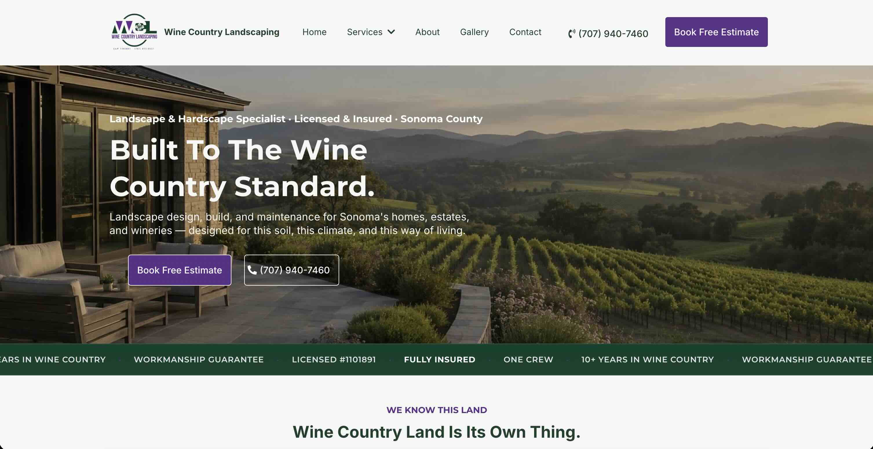 Homepage hero of the Wine Country Landscaping website, built by NexLead