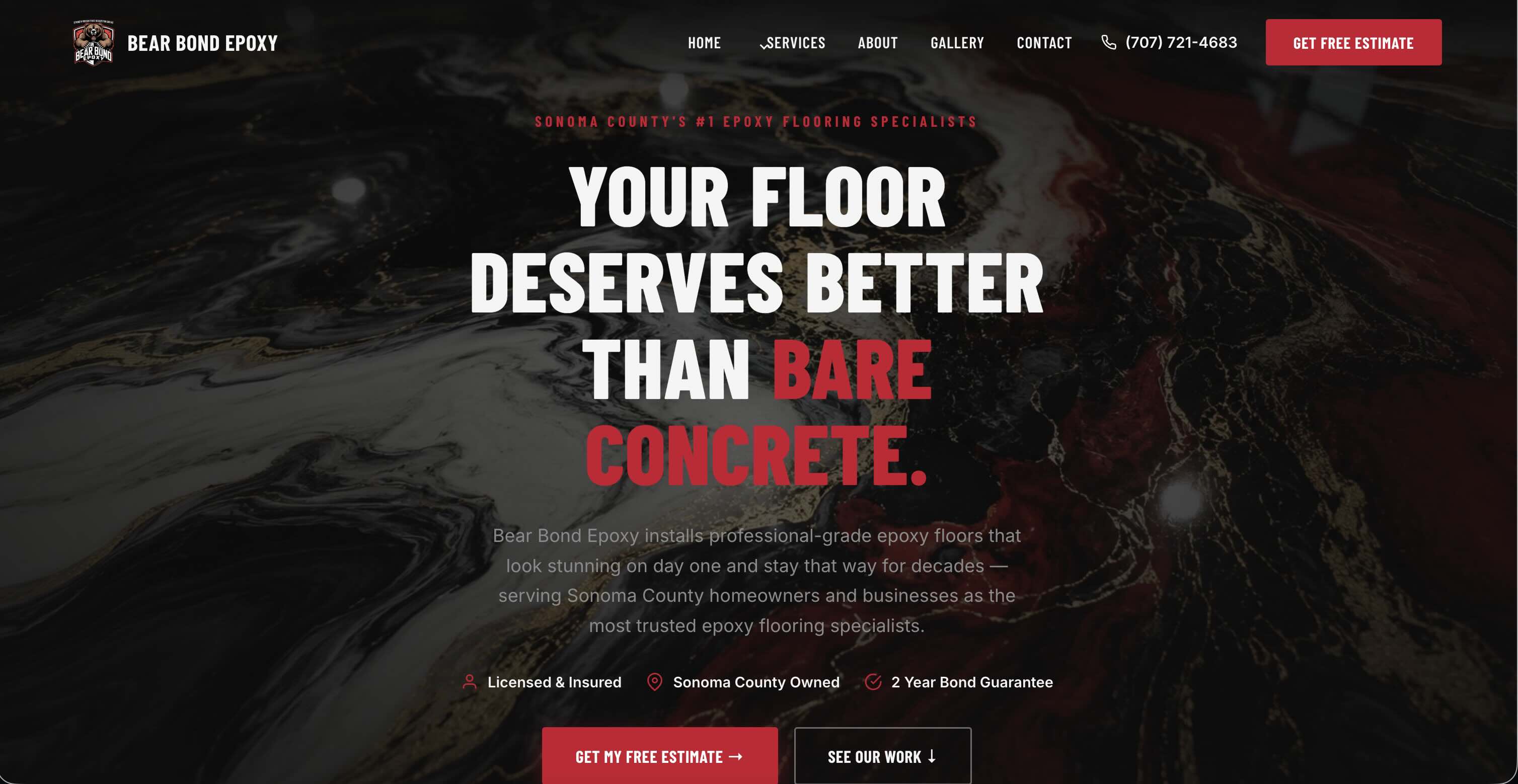 Homepage hero of the Bear Bond Epoxy website, built by NexLead