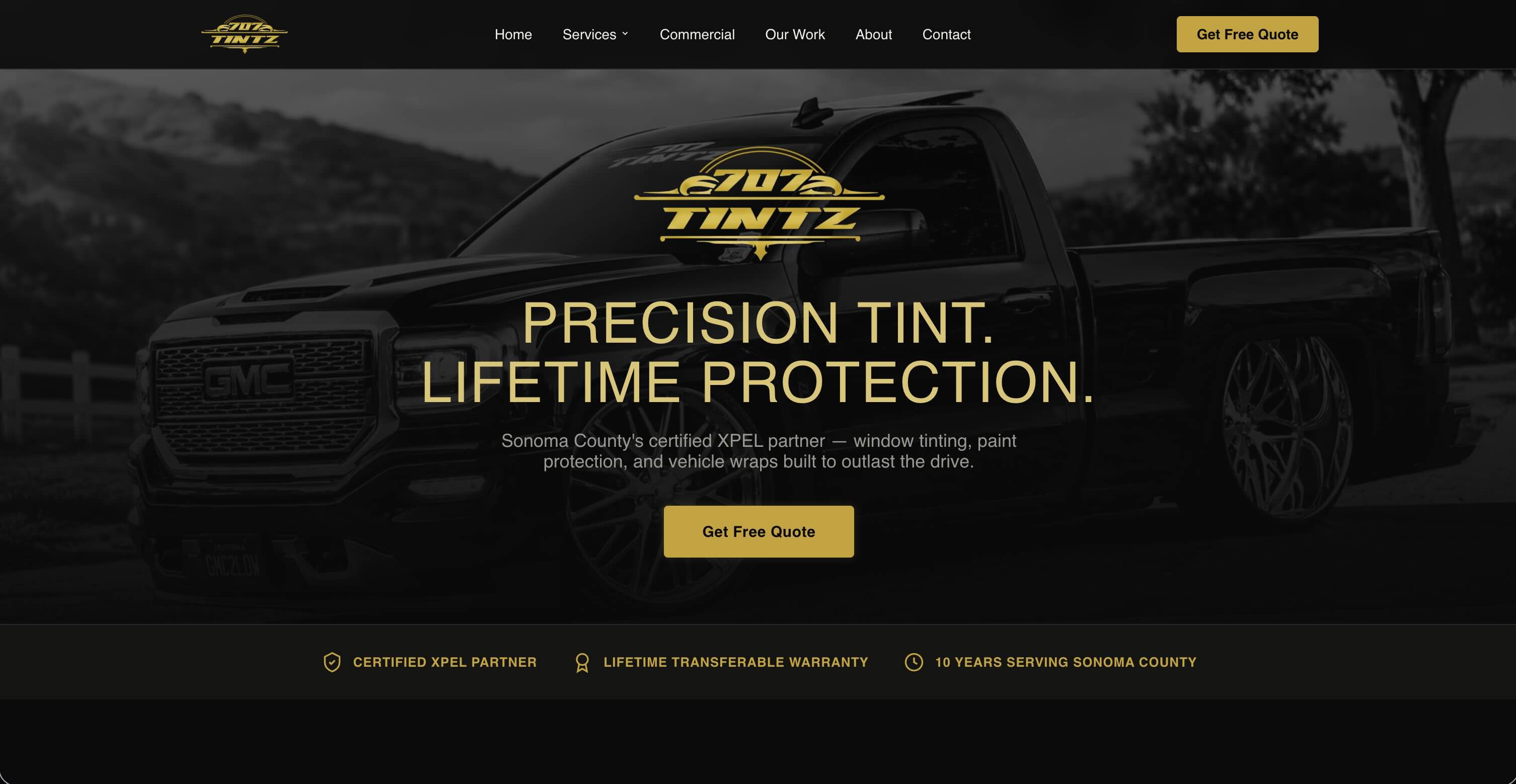 Homepage hero of the 707 Tintz website, built by NexLead