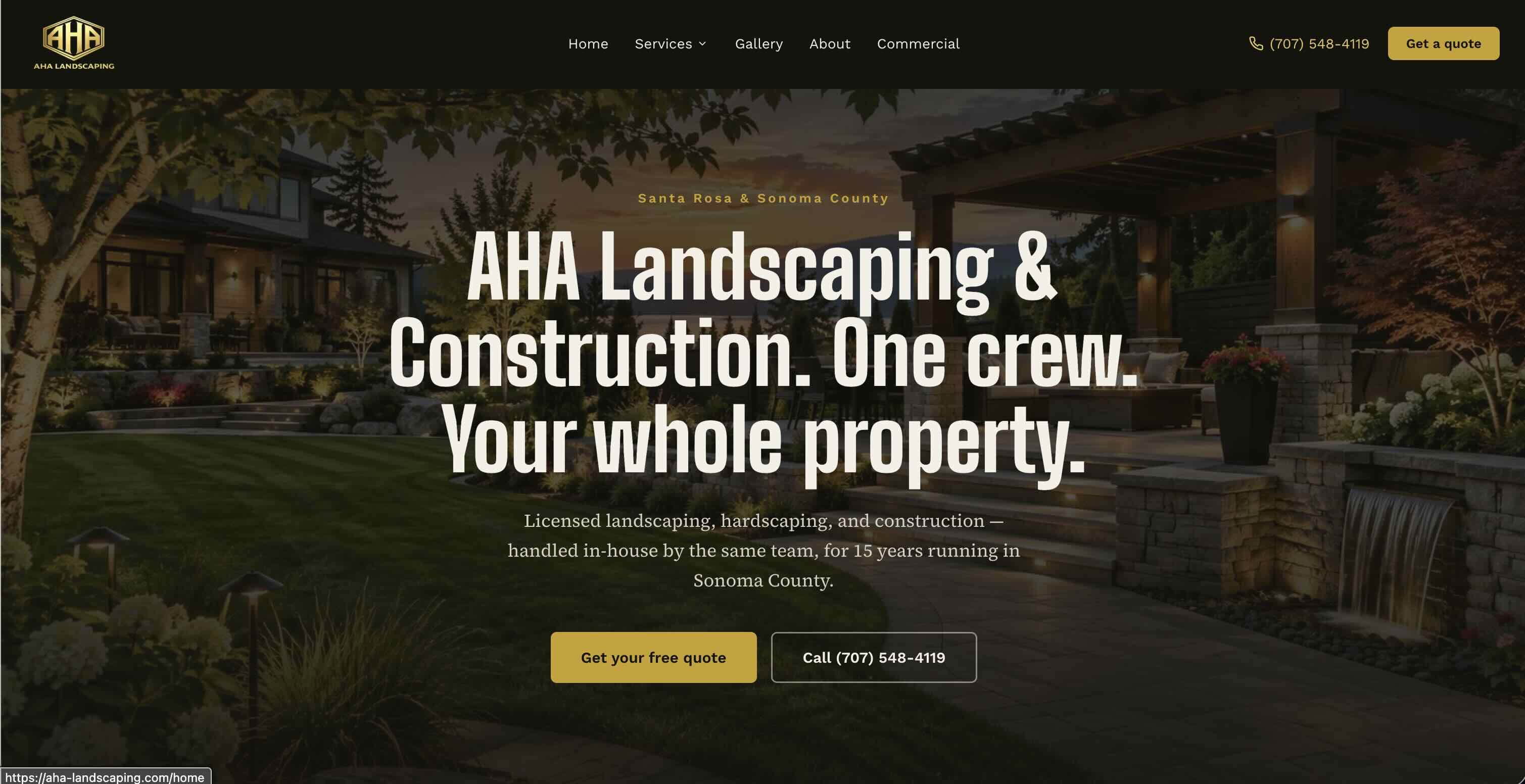 Homepage hero of the AHA Landscaping website, built by NexLead