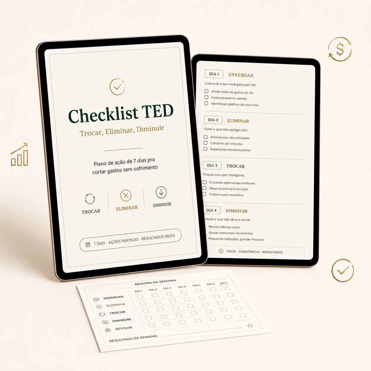 Tablet com o Checklist TED: trocar, eliminar e diminuir gastos