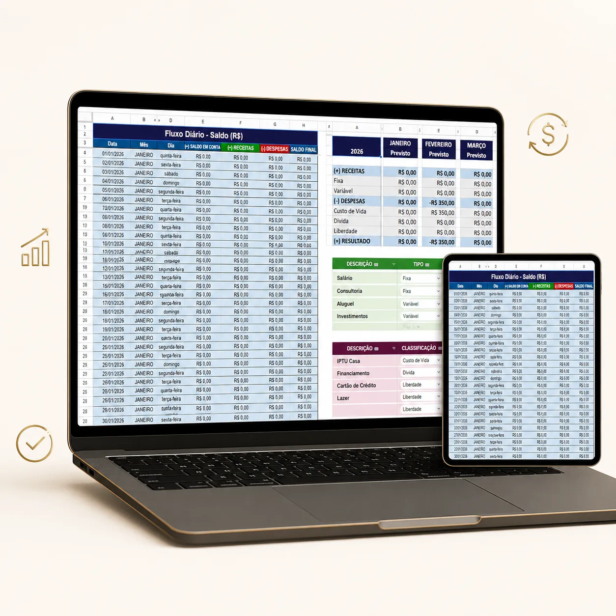Planilha do Sistema Gestor do Legado aberta no notebook, com o Fluxo Diário de saldo