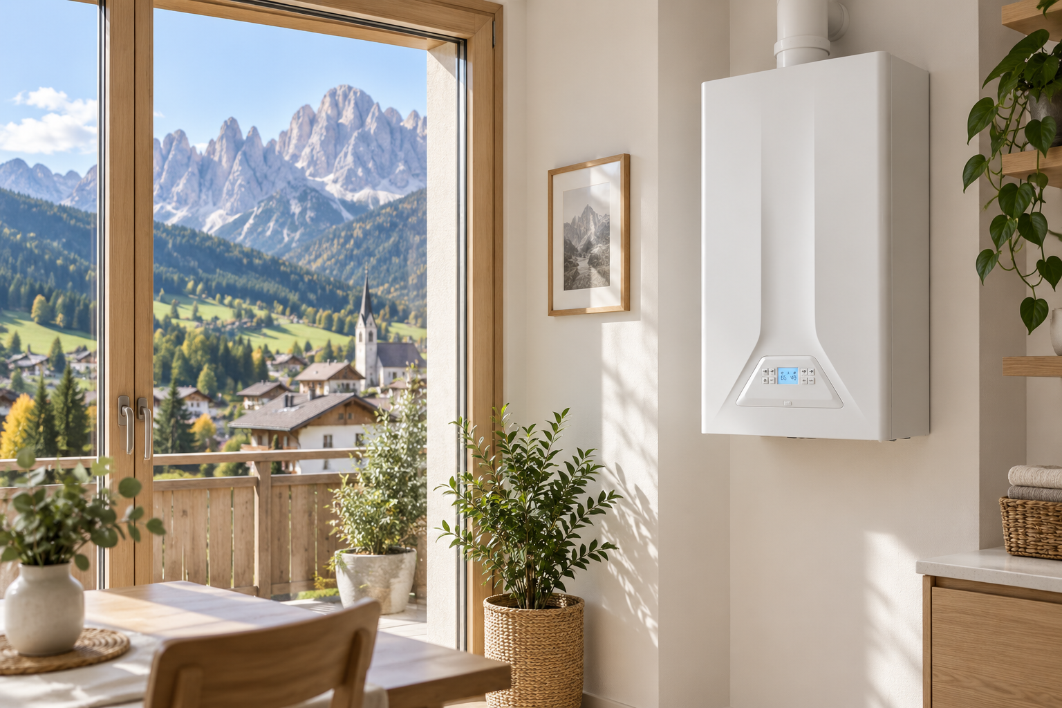 Caldaia installata in un interno con vista sulle Dolomiti