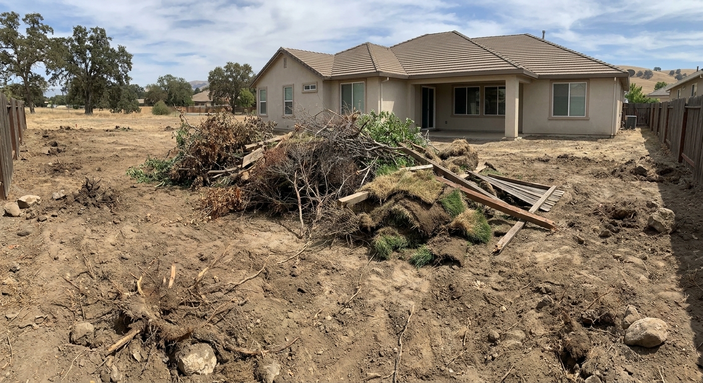 Backyard yard waste and debris removal pile