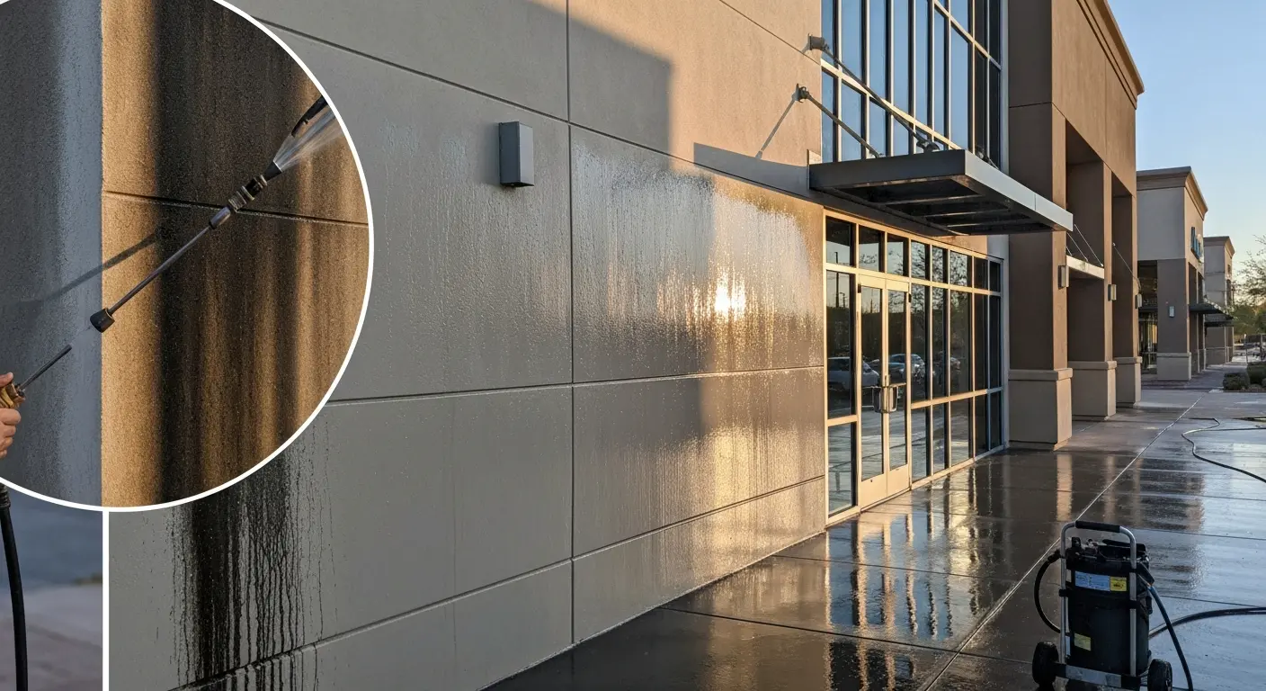 Commercial building exterior after pressure washing