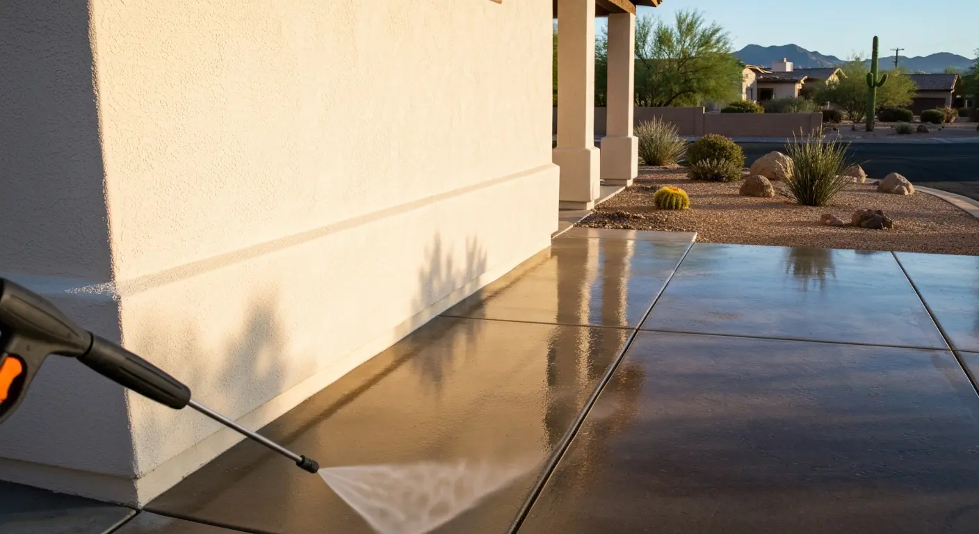 Pressure washing exterior surfaces clean