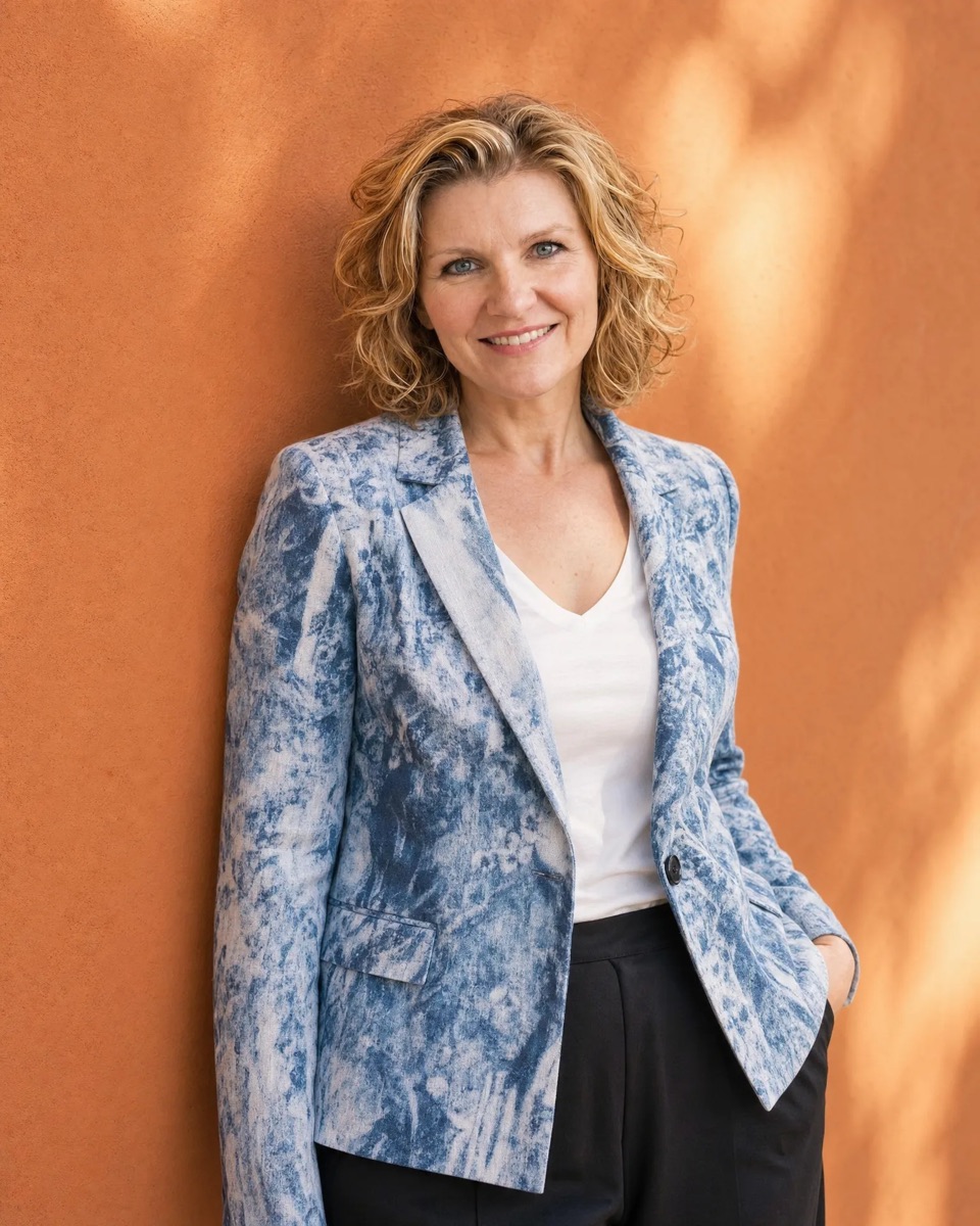 Patricia Heemskerk in een blauwe blazer tegen een warme oranje muur