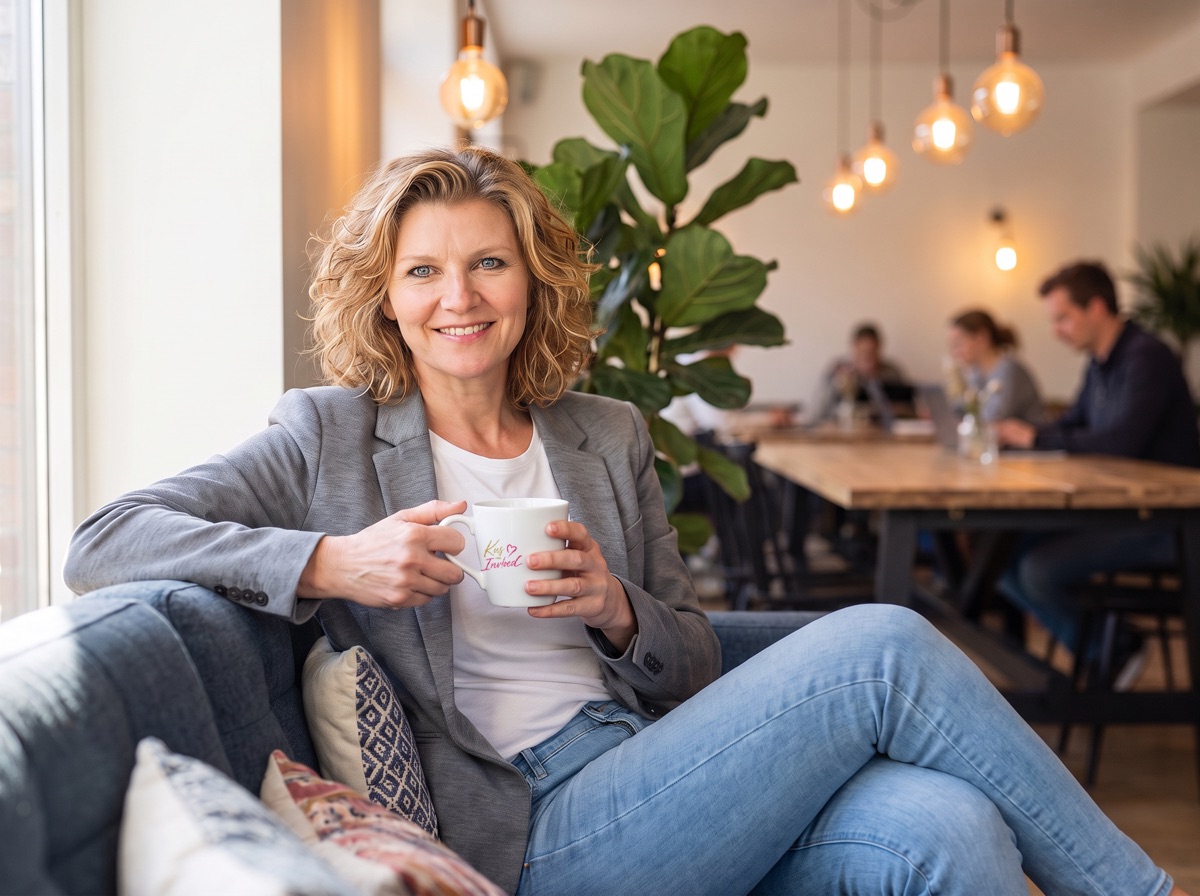 Patricia Heemskerk op een bank in een koffiebar, met een mok koffie in haar handen