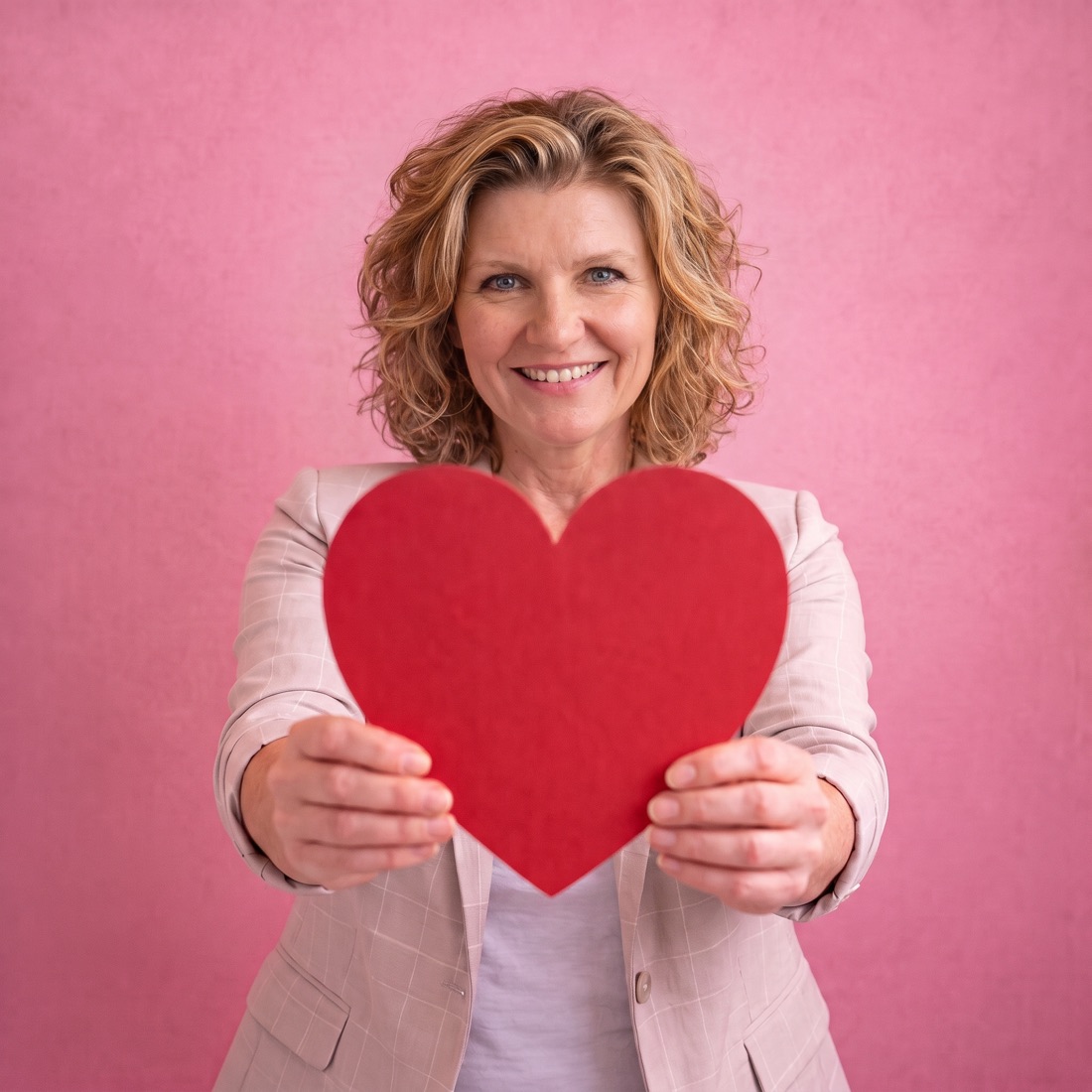 Patricia Heemskerk biedt lachend een groot rood hart aan
