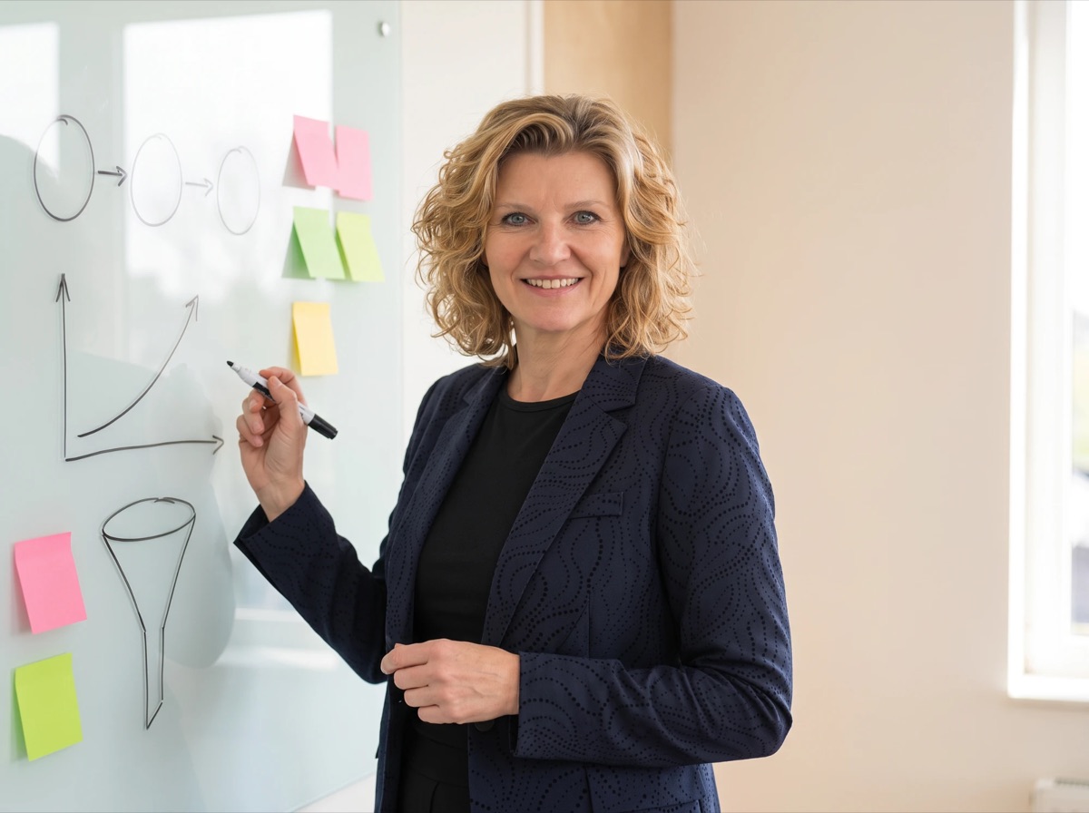 Patricia Heemskerk tekent een proces en een trechter op een whiteboard met post-its