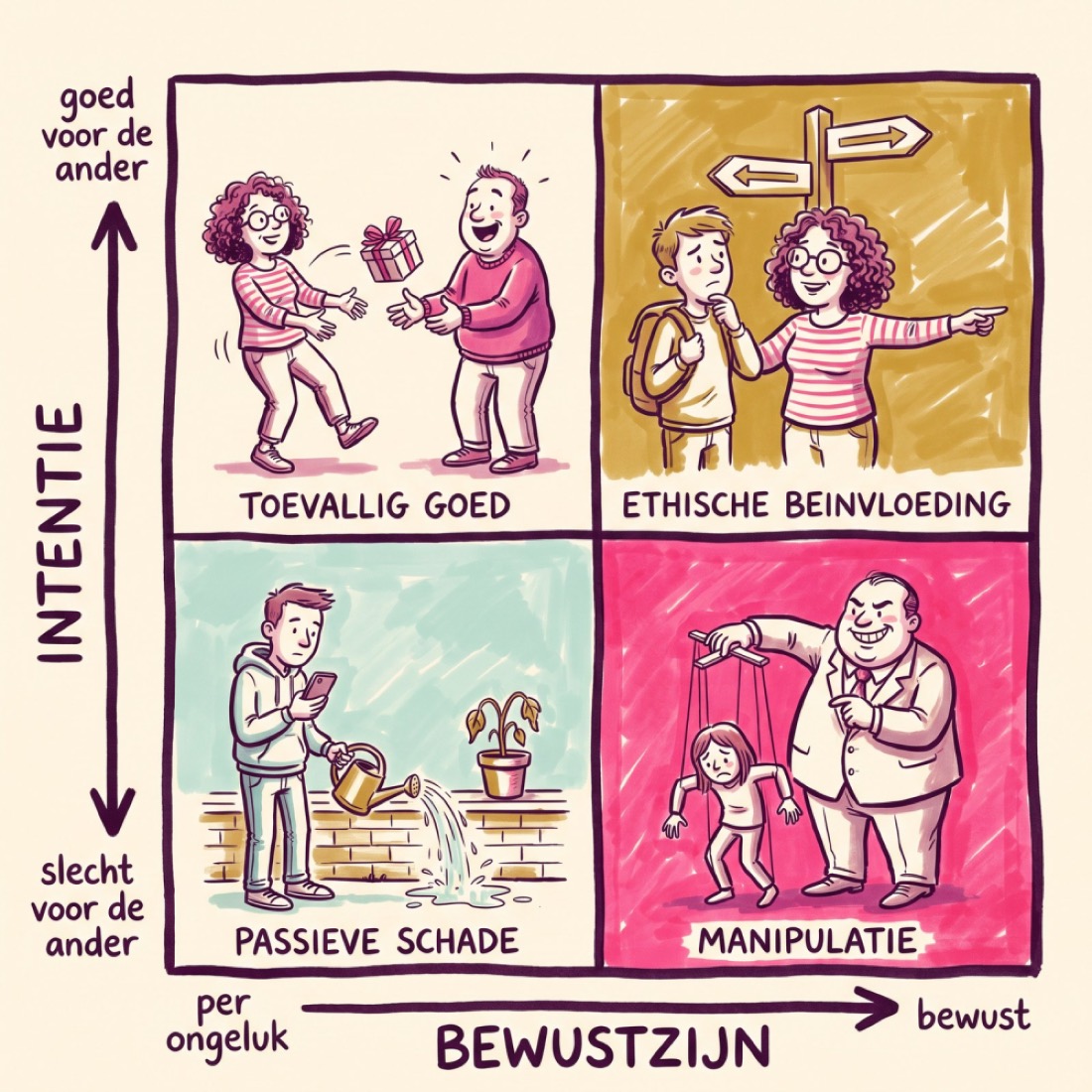 Kwadrant met vier soorten beïnvloeding: toevallig goed, ethische beïnvloeding, passieve schade en manipulatie
