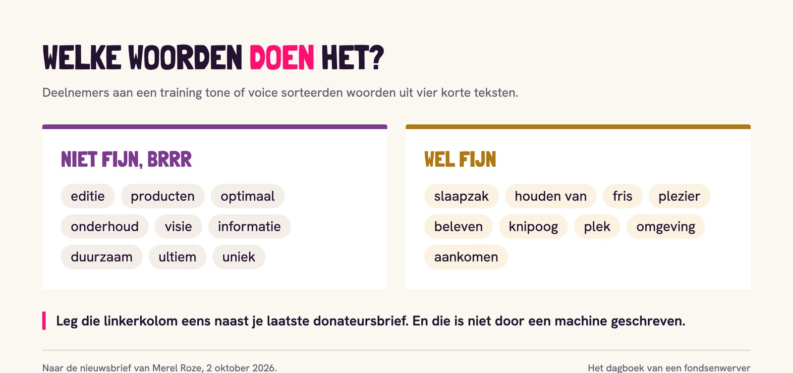 Twee kolommen met woorden: links niet fijn, rechts wel fijn