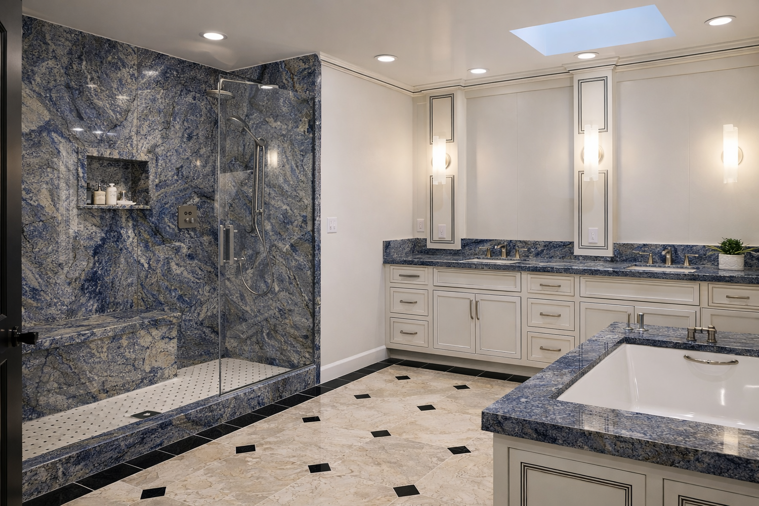 bathroom with cabinet and sink, bath tub and glass shower enclosure