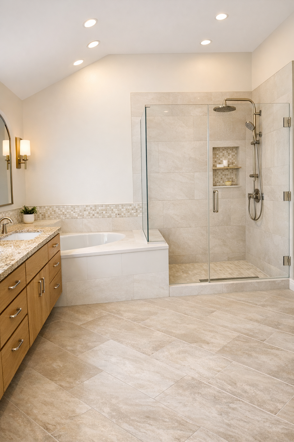 bathroom with cabinet and sink, bath tub and glass shower enclosure