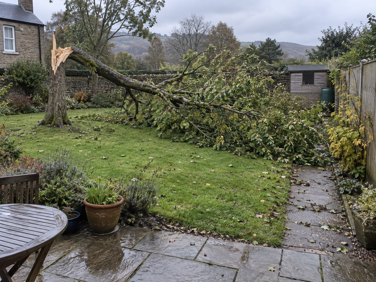 Garden with a storm-damaged tree before &mdash; illustrative example (storm-damaged tree clearance)
