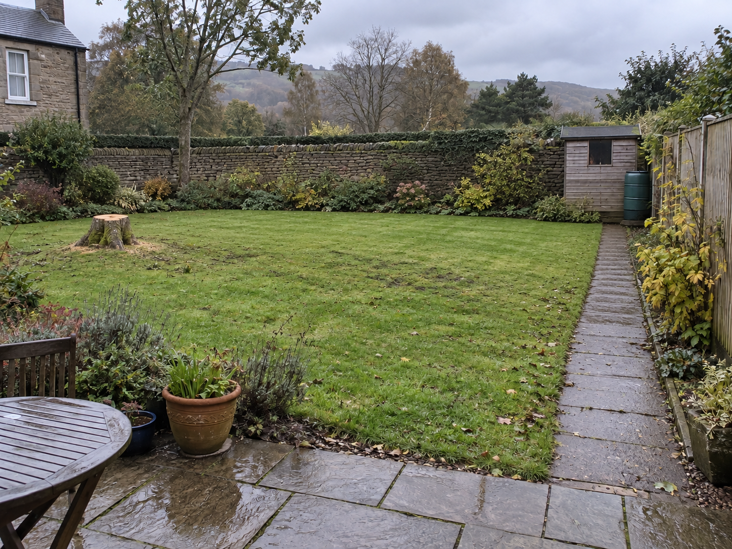 Garden with a storm-damaged tree after &mdash; illustrative example (storm-damaged tree clearance)