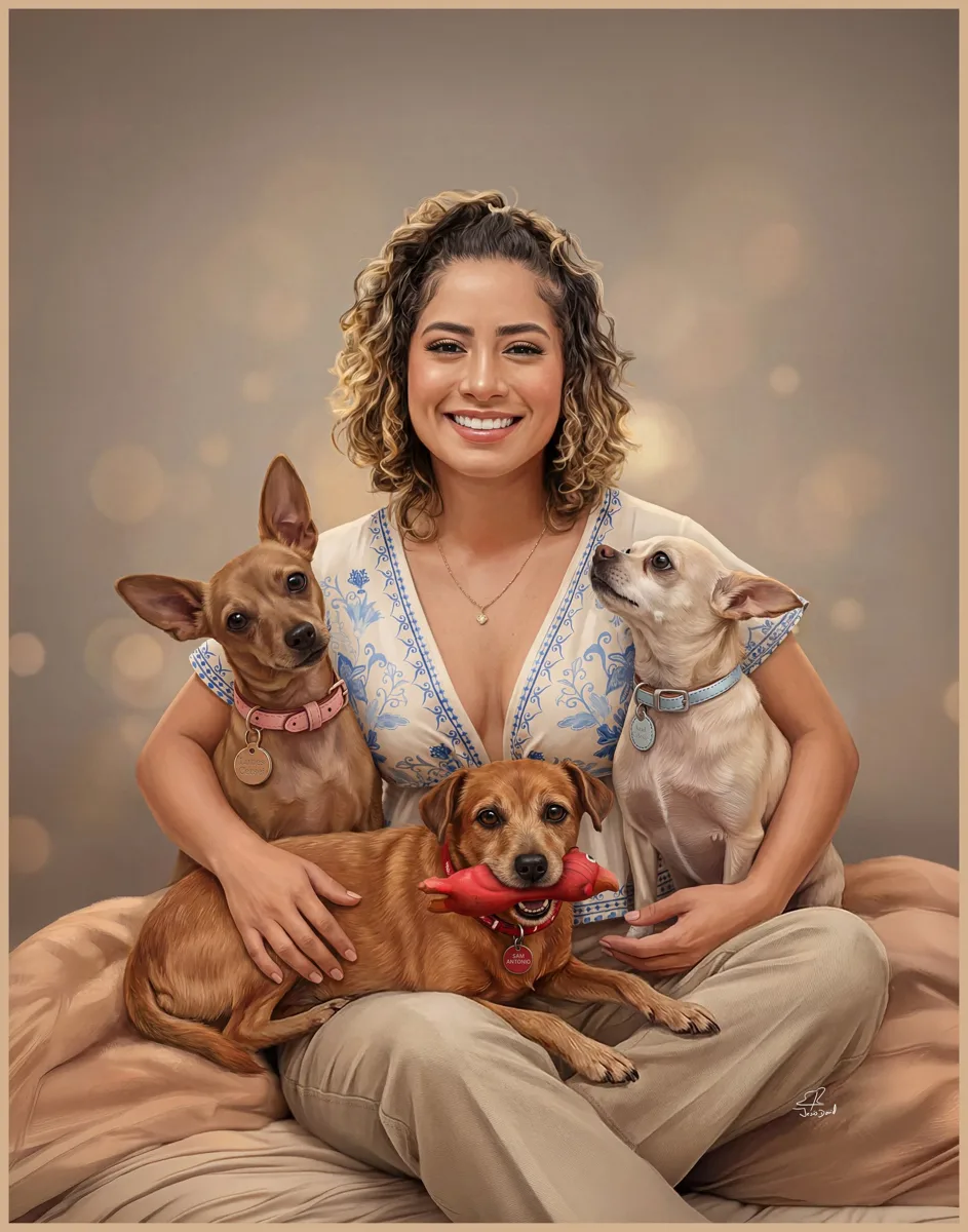 Ella con sus perros · retrato en lienzo FIRMACH