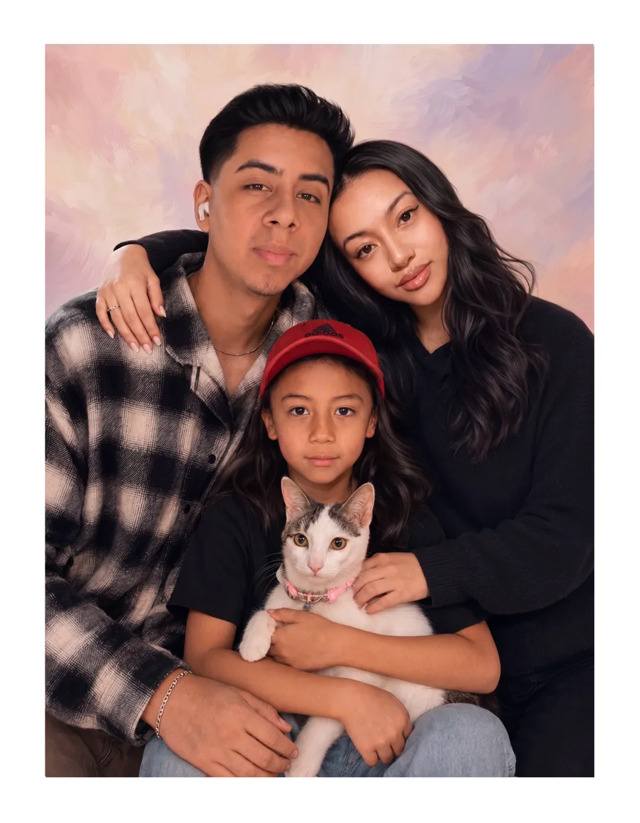 Retrato en lienzo del padre, el niño y el gato juntos en una escena · retrato en lienzo FIRMACH
