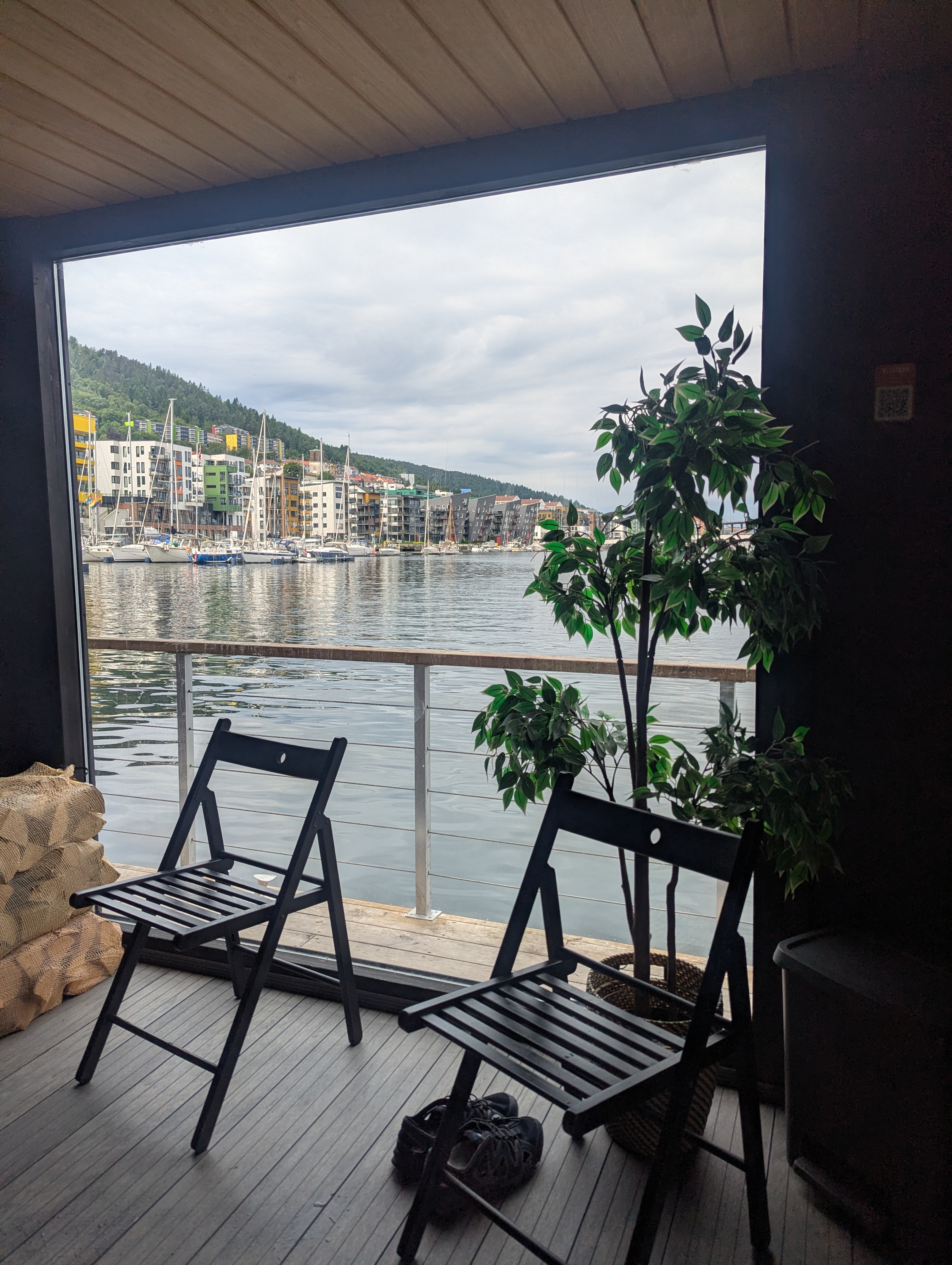 View through the window of the sauna to the Bergen harbour. View through the window of the sauna to the Bergen harbour.