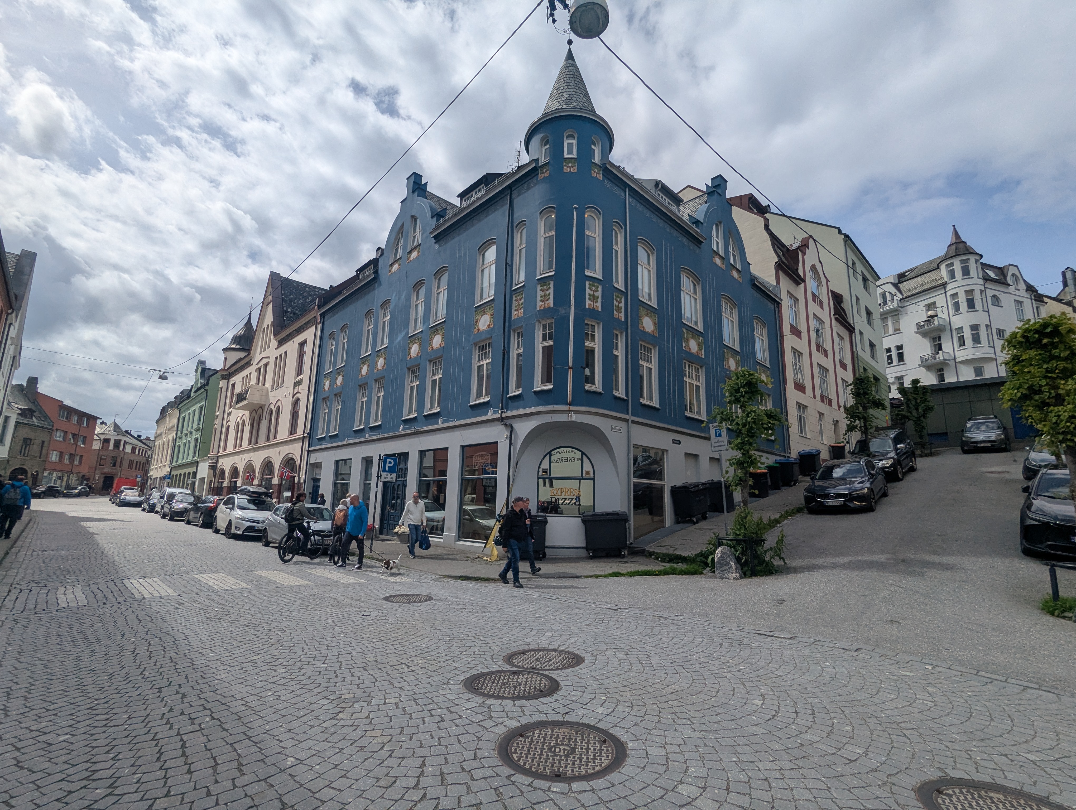 Blue building in an art nouveau style in Alesund Norway