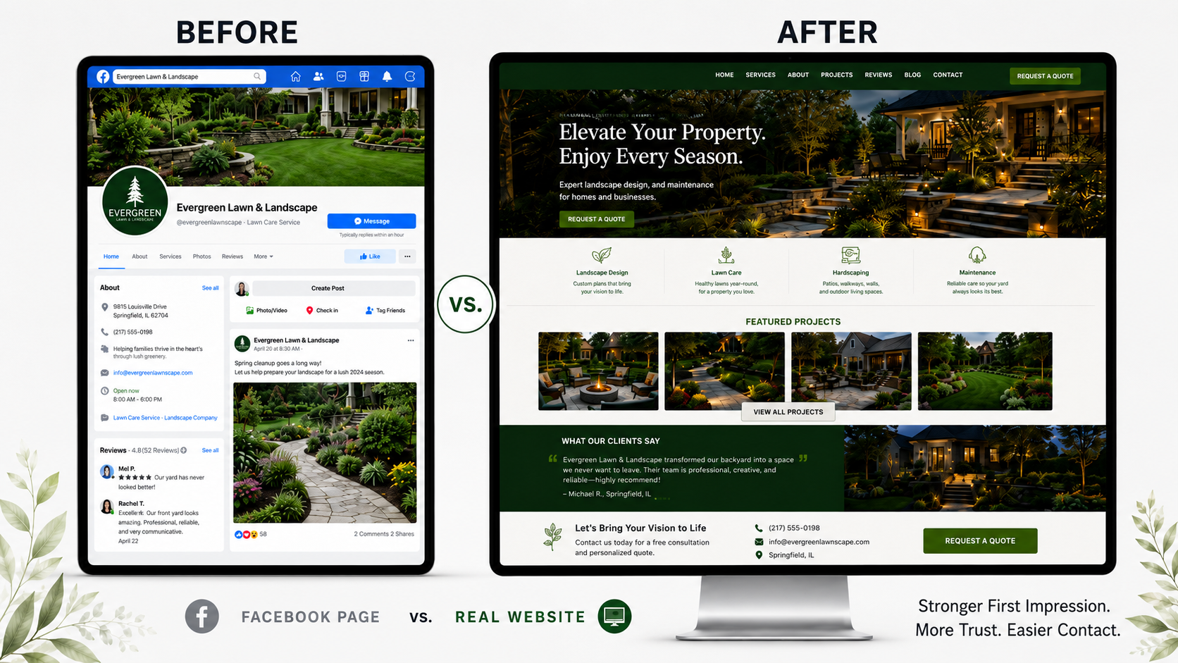 Before and after example showing a social page compared with a professional landing page