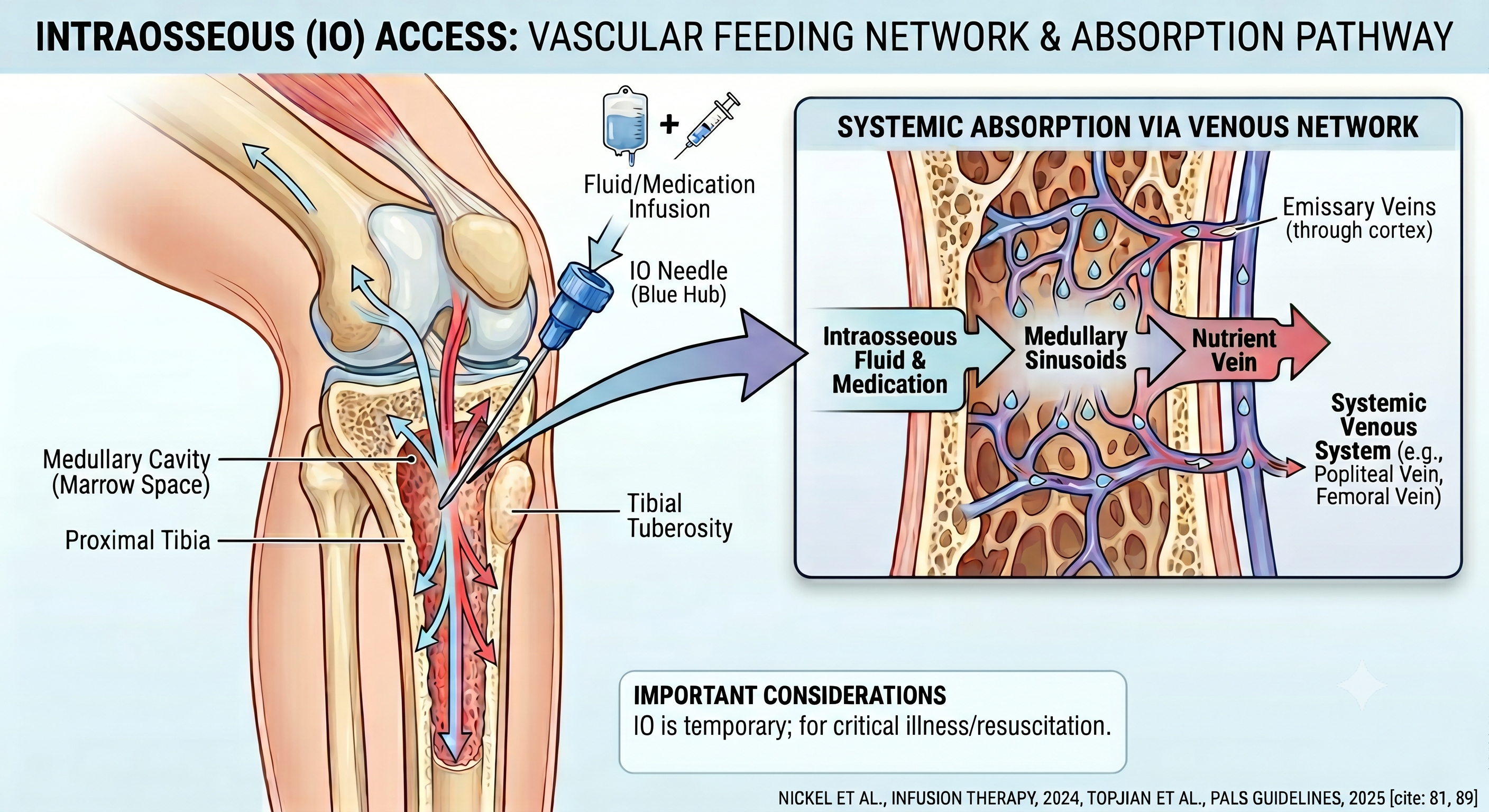 Diagram showing IO needle insertion into neonatal proximal tibia bone marrow and the subsequent systemic venous return pathway. Diagram showing IO needle insertion into neonatal proximal tibia bone marrow and the subsequent systemic venous return pathway.