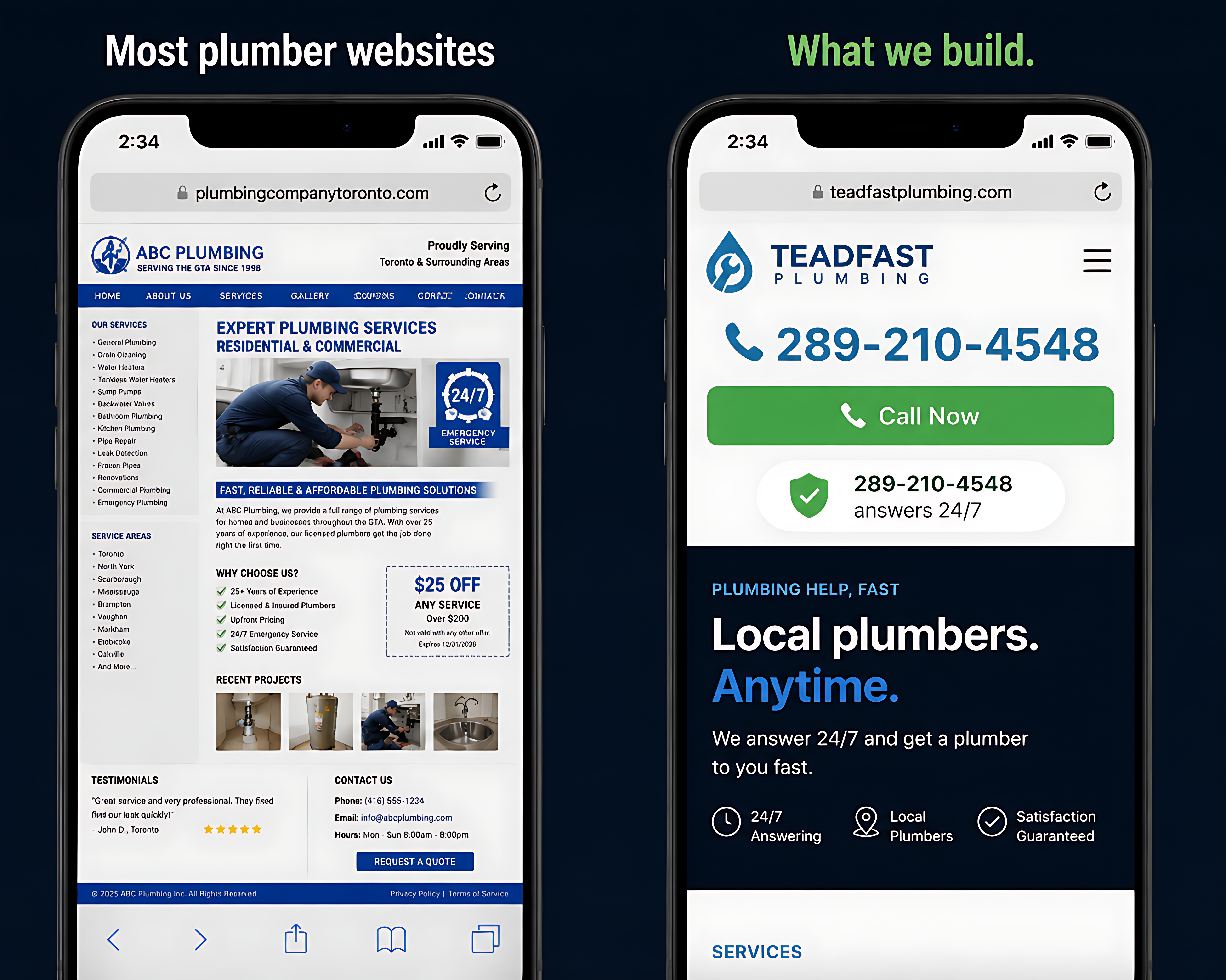 Side-by-side: cluttered traditional plumber website vs clean high-converting Innpage build