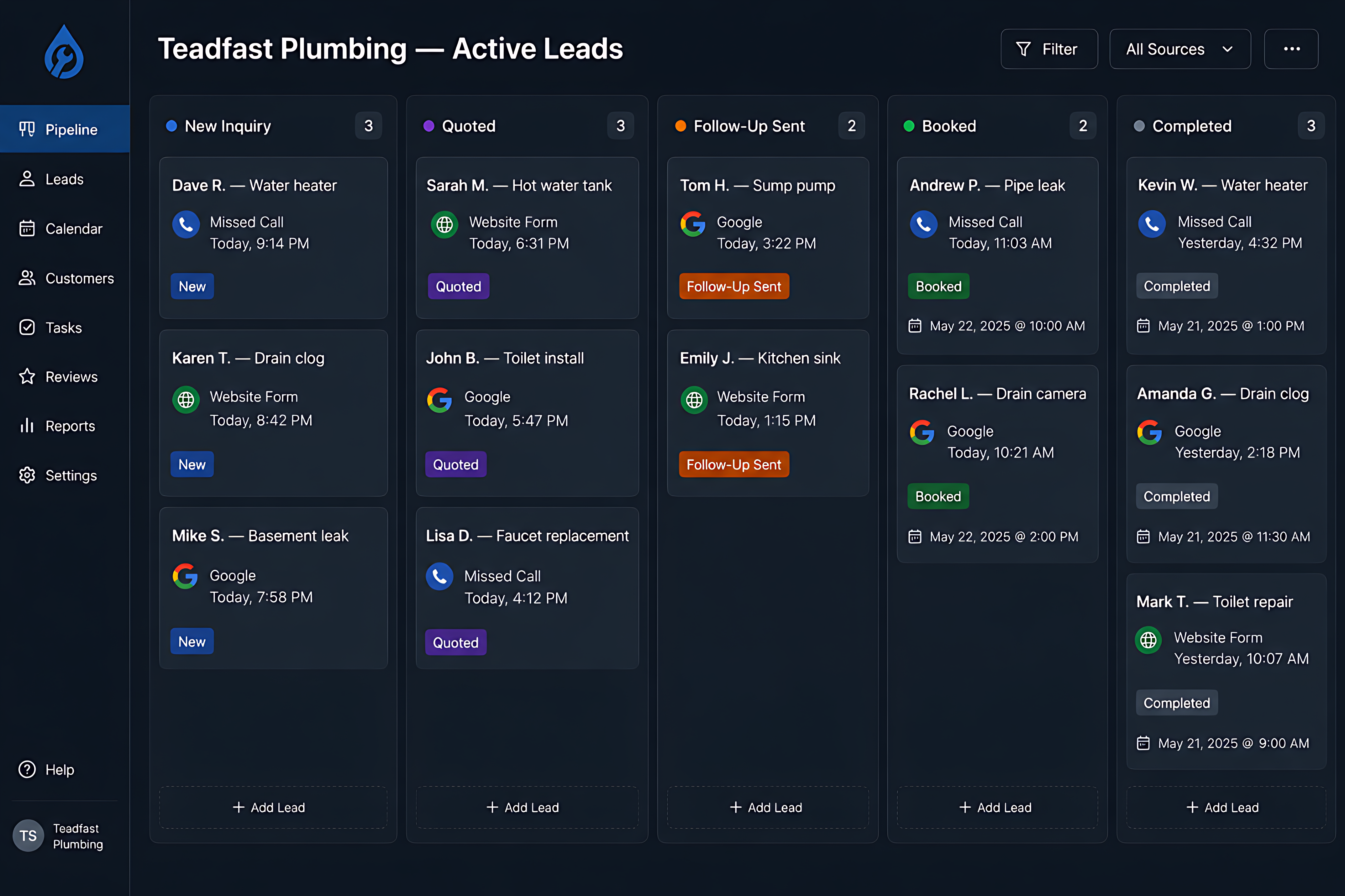 GoHighLevel CRM lead pipeline showing New Inquiry, Quoted, Follow-Up, Booked and Completed stages