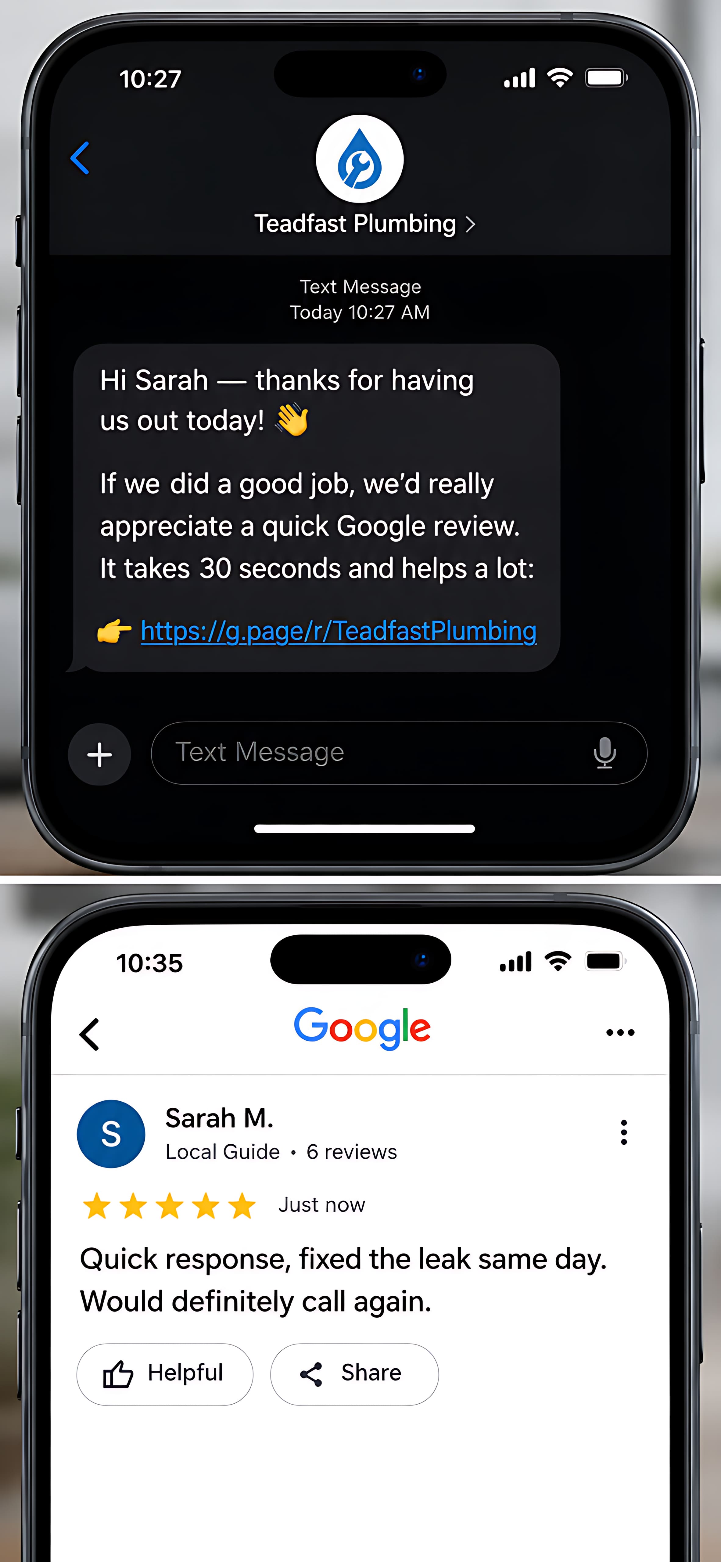 Automated review request: job complete at 10:27 AM, 5-star Google review posted by 10:35