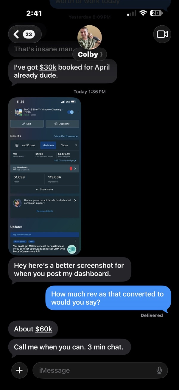 Text message screenshot from a home service owner Dave taught