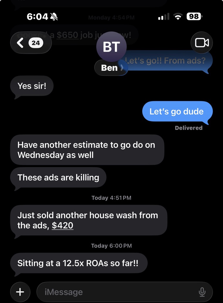 Text message screenshot from a home service owner Dave taught