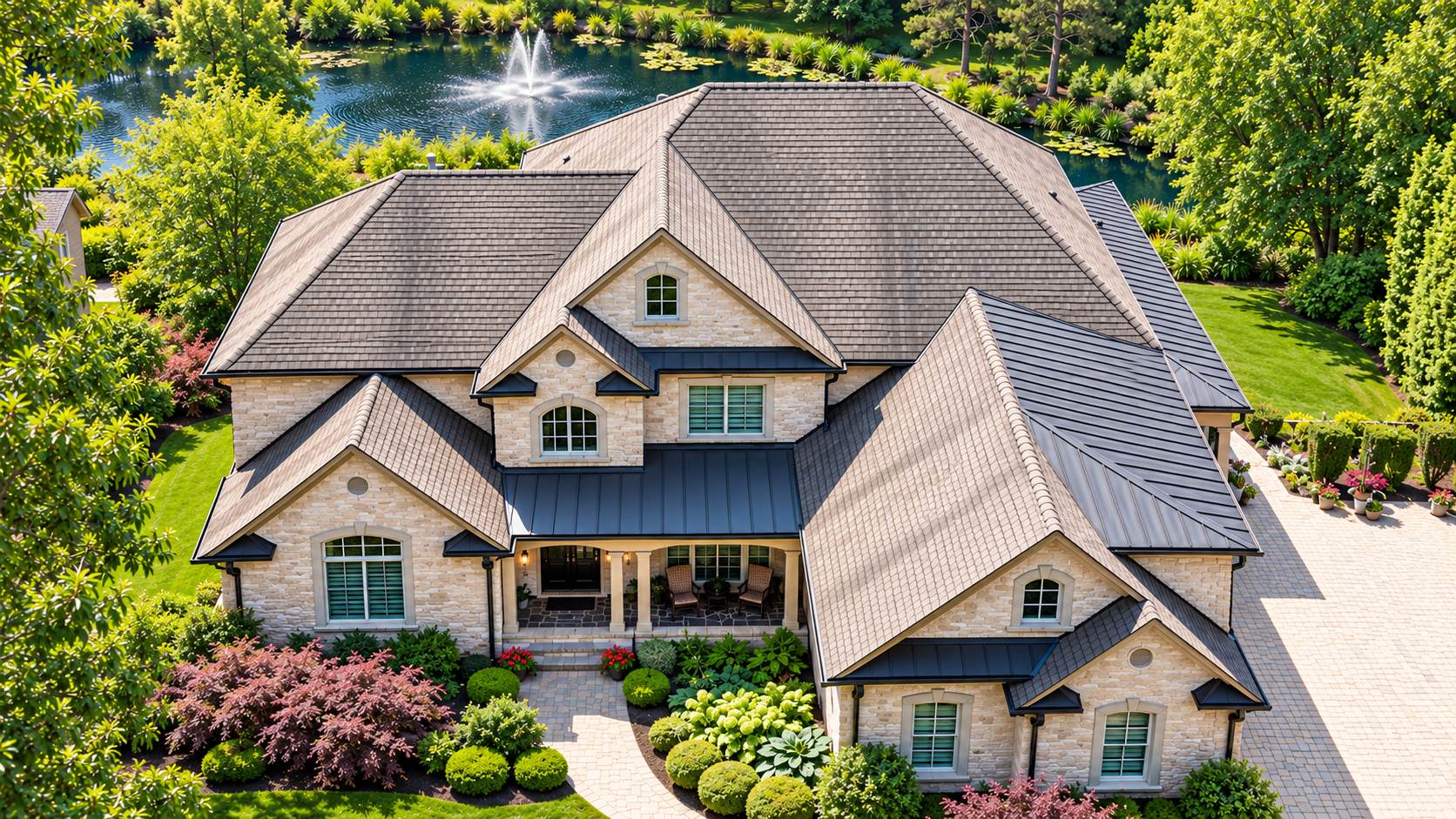 Aerial view of a stone home beside a pond, with a shingle roof and standing seam metal over the porch and side roofs