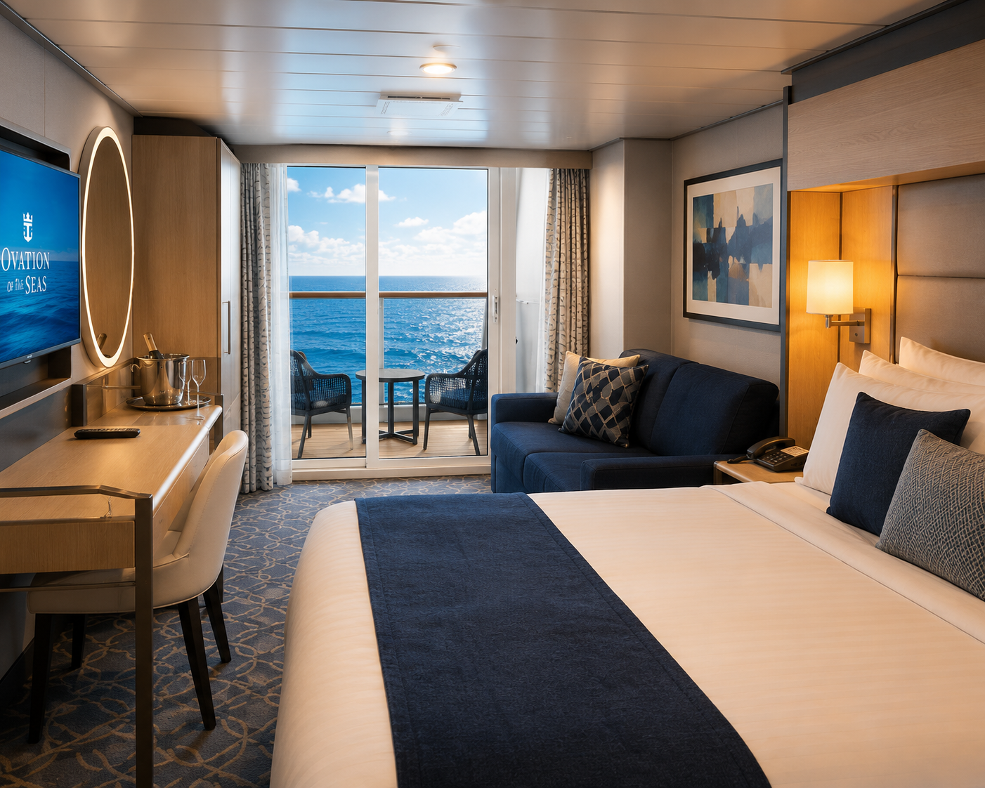 Balcony cabin accommodation aboard a cruise ship