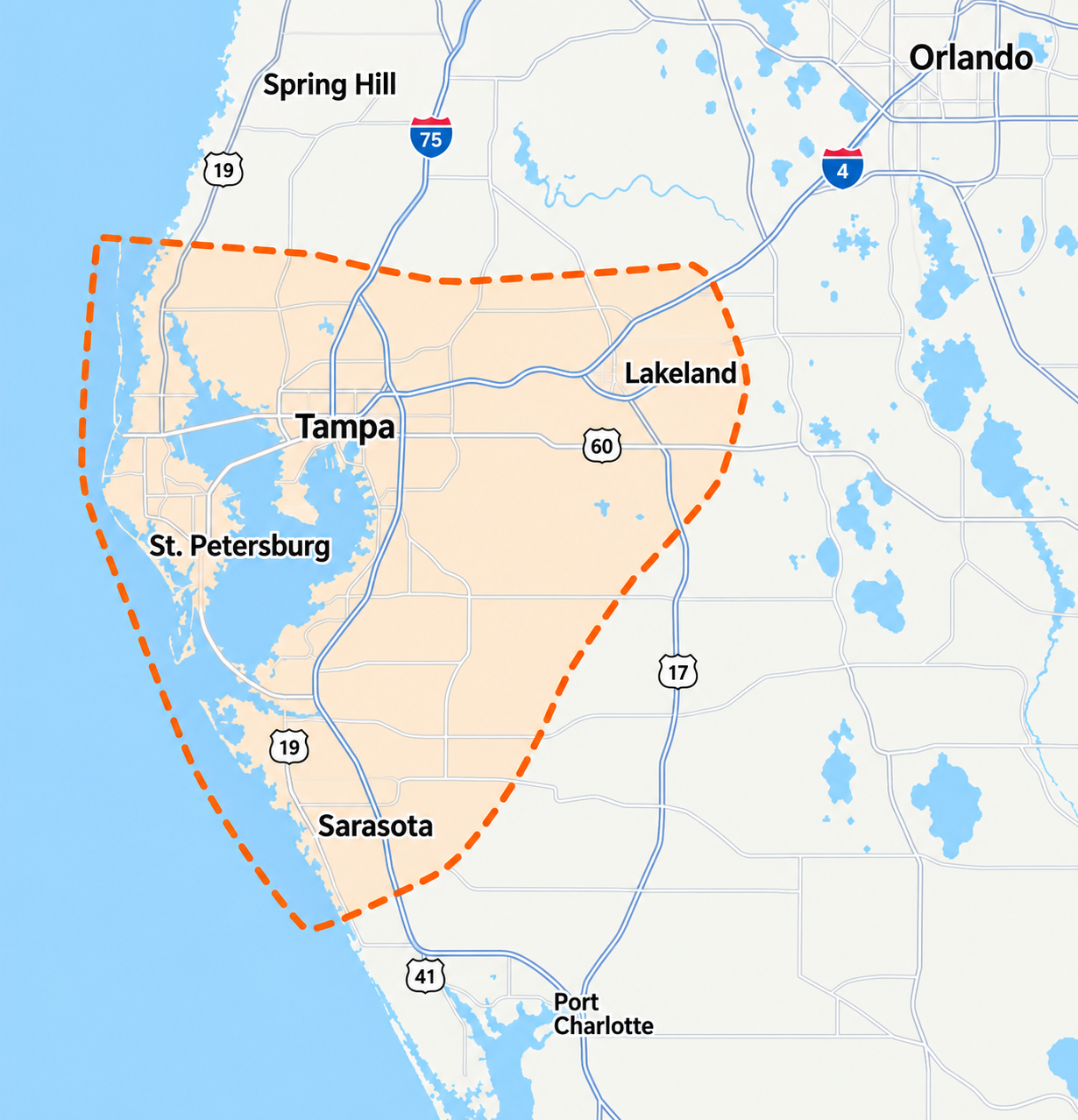 Map of the Air Mavericks service area, from Tarpon Springs through Tampa and St. Petersburg down to Sarasota