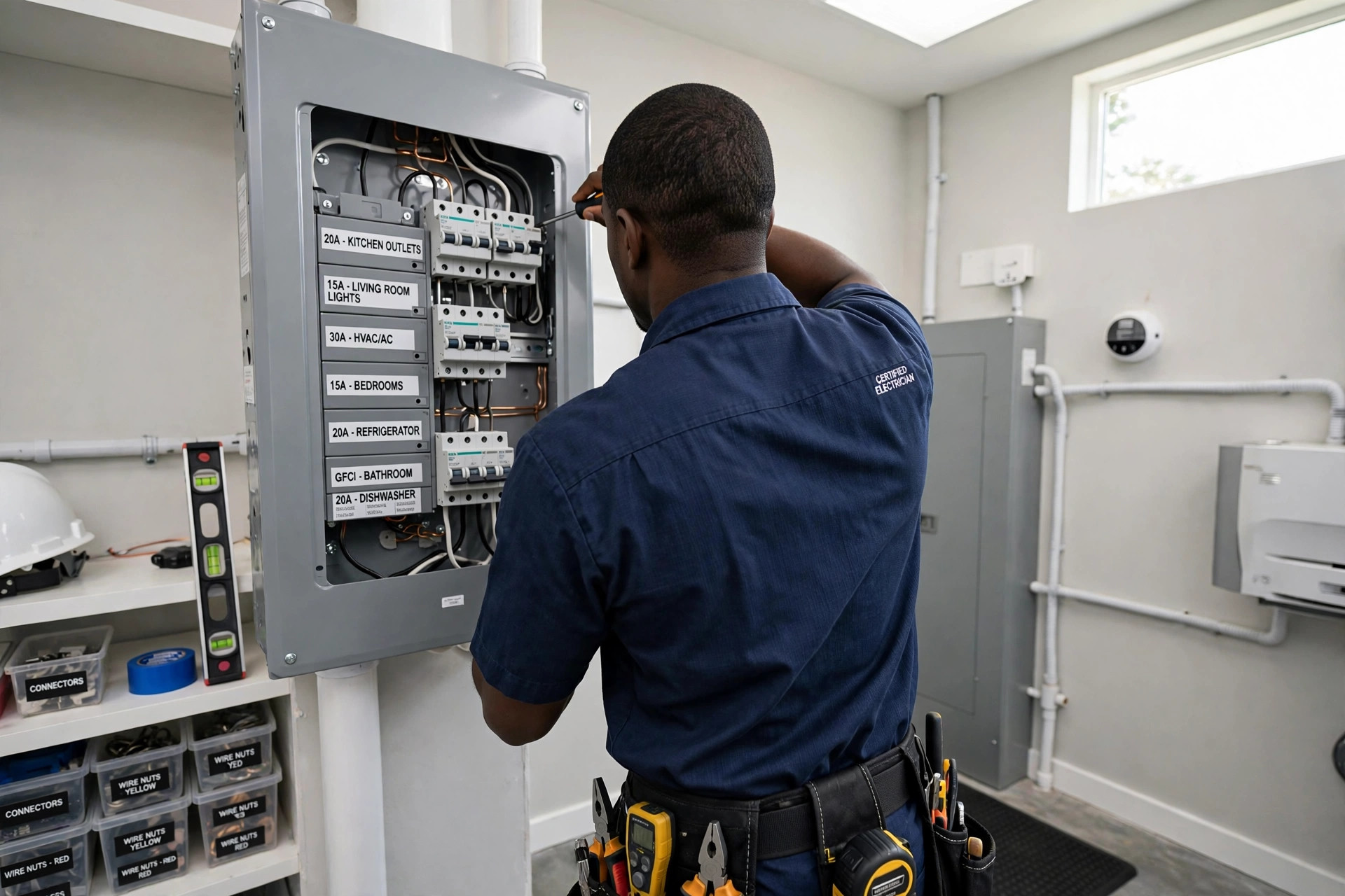 Electrician installing a residential breaker panel