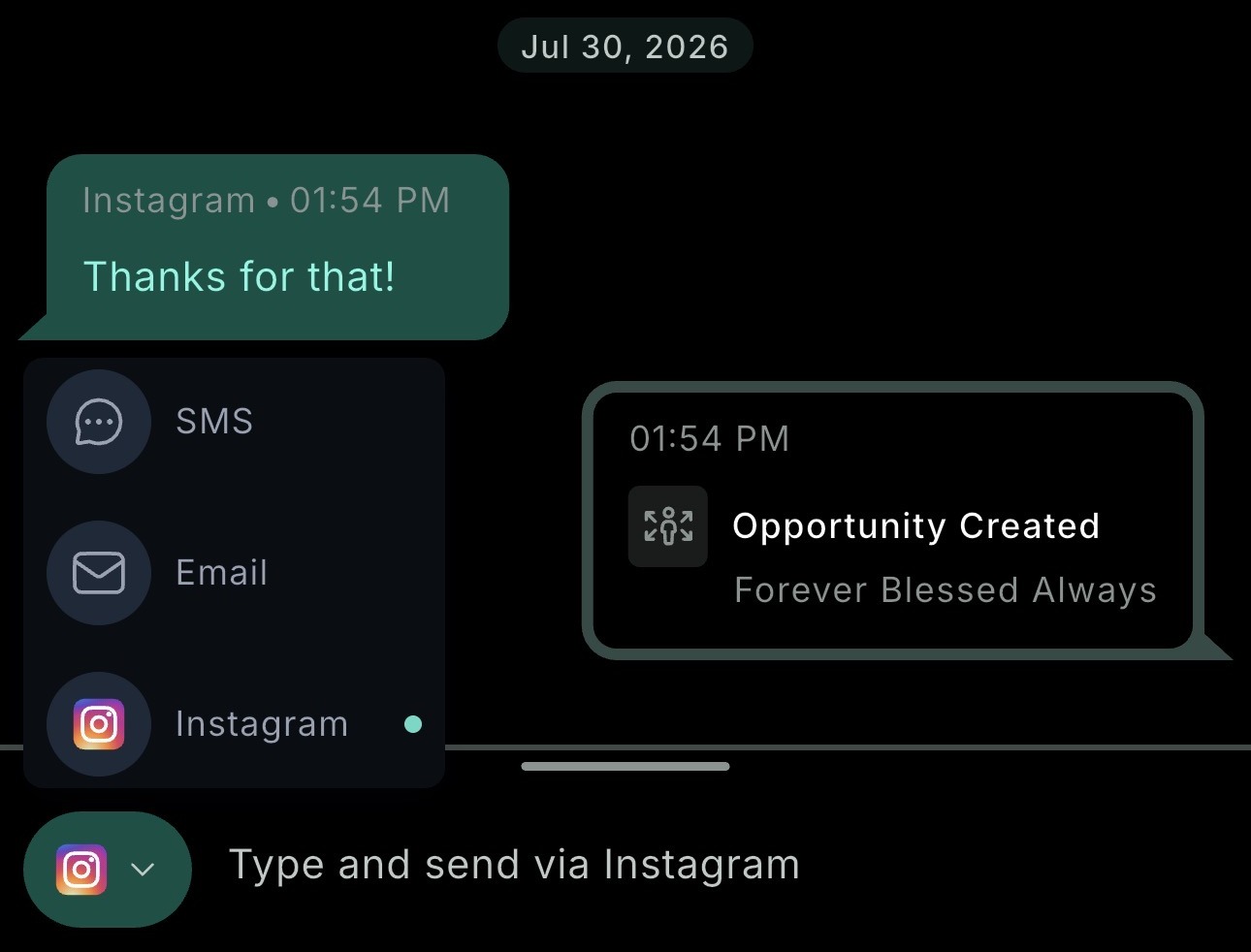 One conversation in the inbox app with a channel switcher showing SMS, Email and Instagram