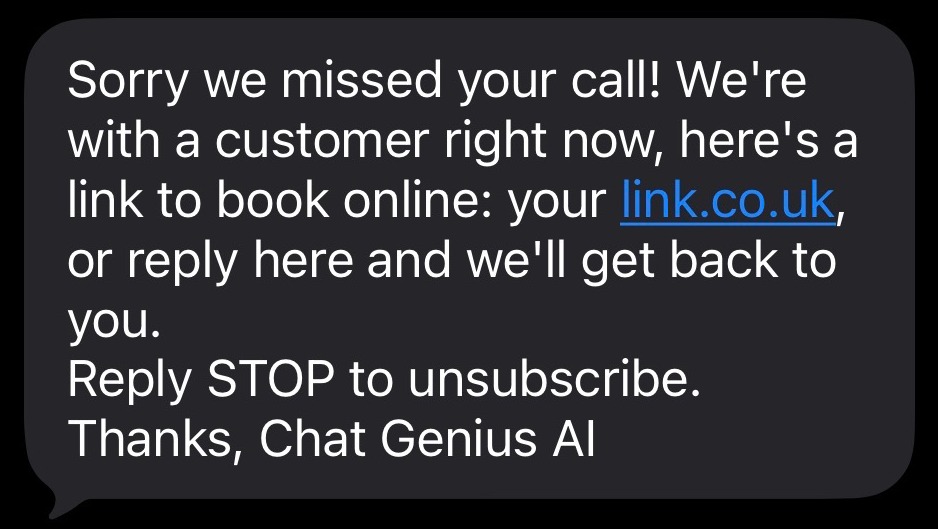 Example text message sent to a customer after a missed call, with a link to book online