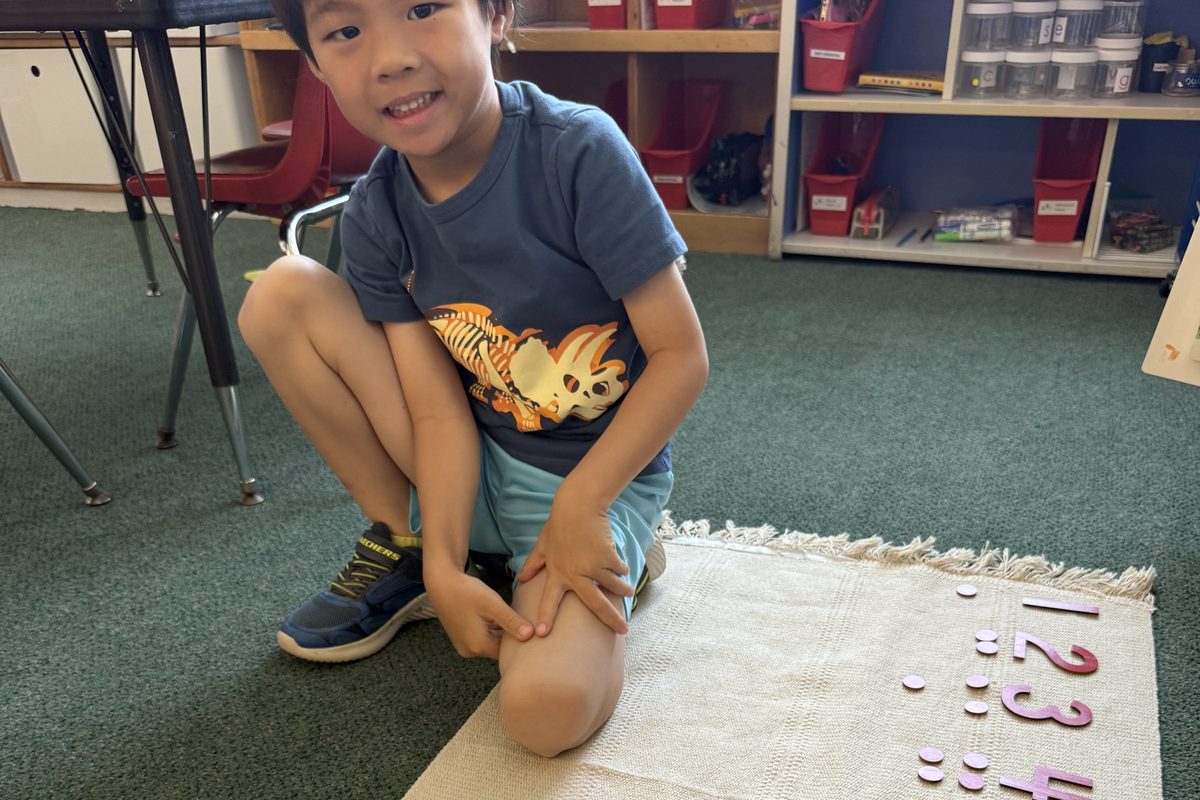 A smiling boy kneels beside a rug laid out with red number cards and counters from one to ten
