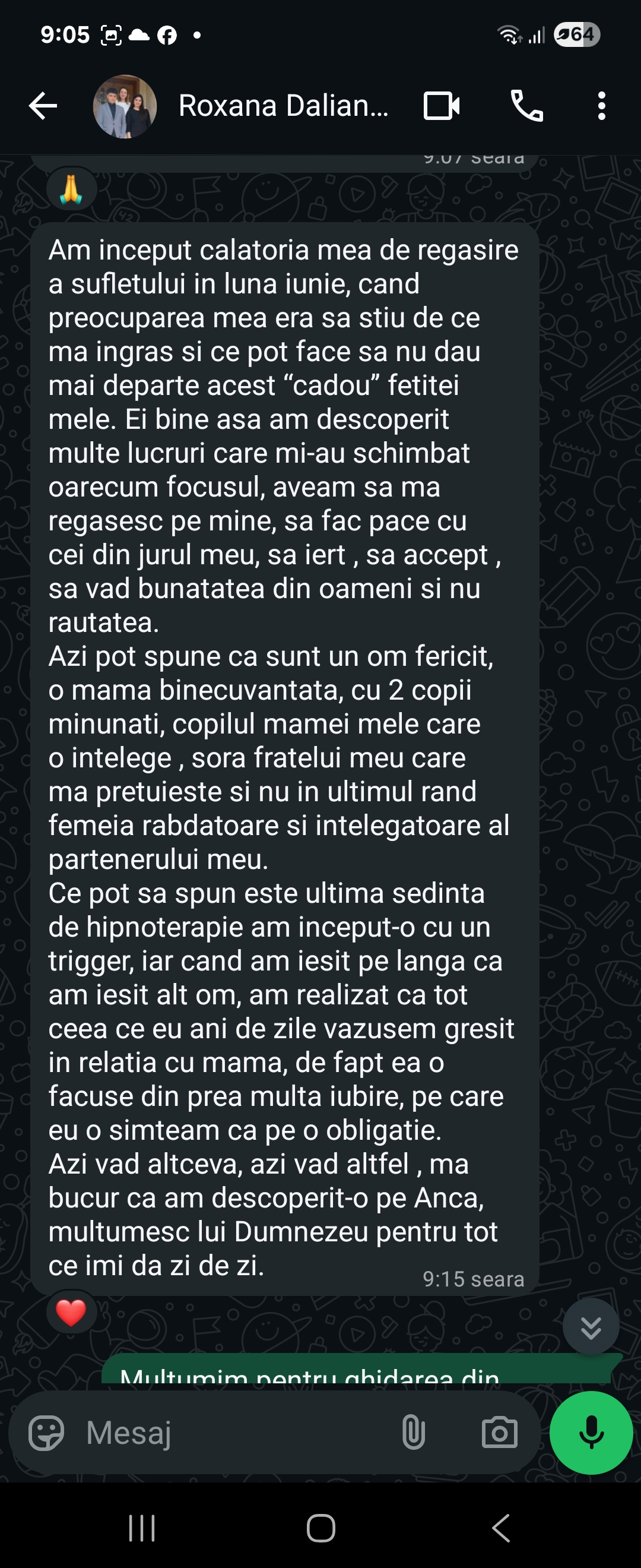 Mărturie de la Roxana Daliana Ș. (WhatsApp): Regăsire, iertare, relația cu mama văzută altfel după hipnoterapie