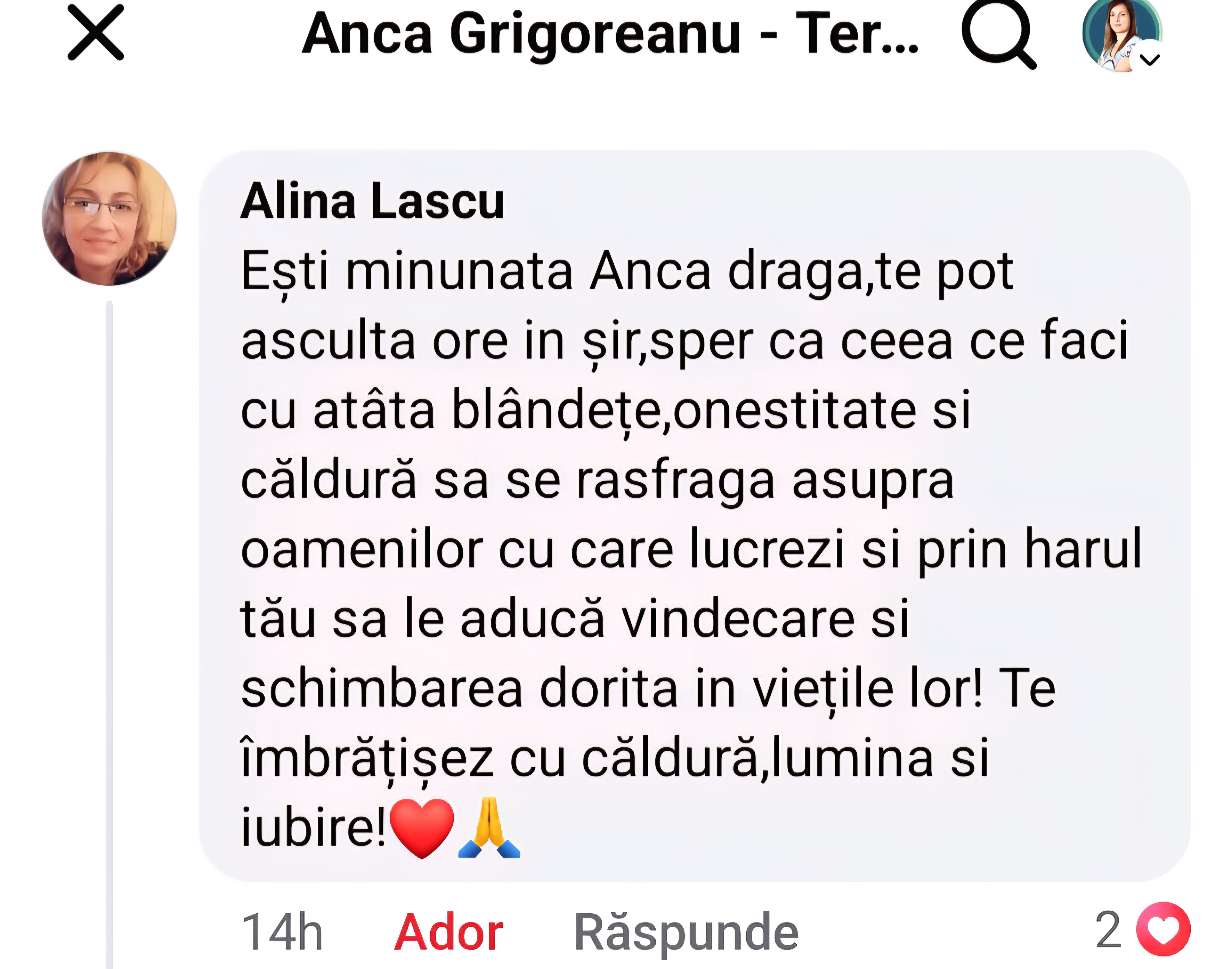 Mărturie de la Alina Lascu (Facebook): Blândețe, onestitate și căldură
