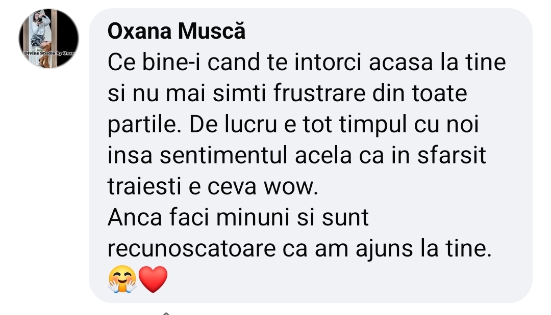 Mărturie de la Oxana Muscă (Facebook): Întoarcerea acasă la tine, fără frustrare
