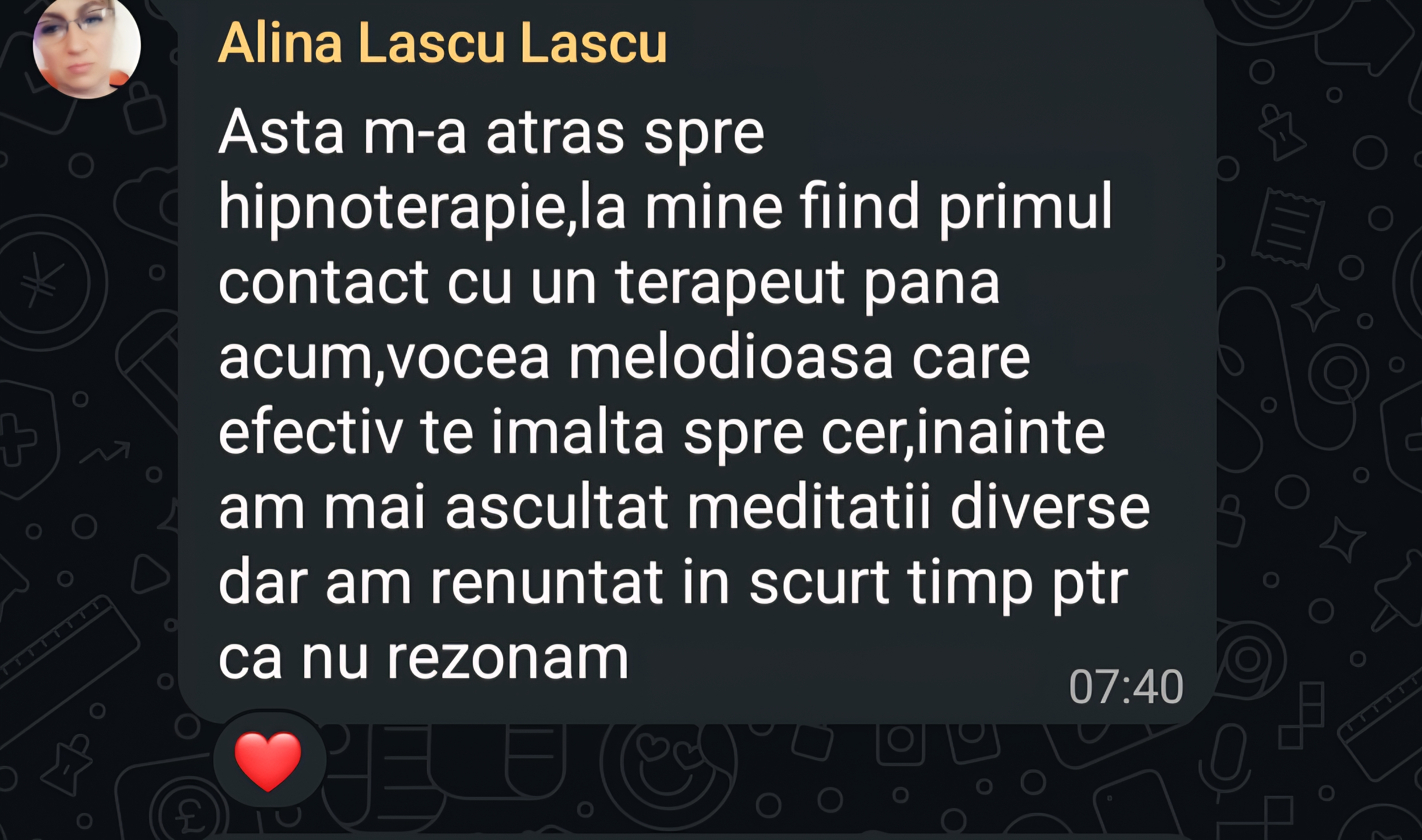 Mărturie de la Alina Lascu (WhatsApp): Primul contact cu un terapeut; vocea care te înalță