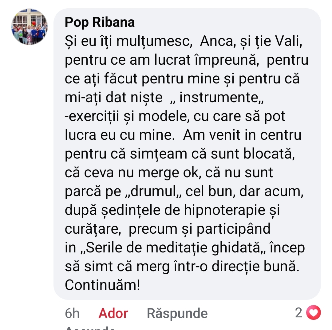 Mărturie de la Pop Ribana (Facebook): Instrumente și exerciții cu care lucrează singură; Seri de Meditație Ghidată