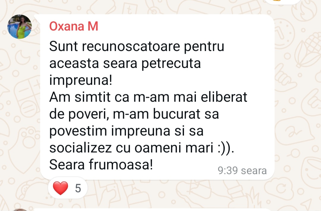 Mărturie de la Oxana M. (WhatsApp): Seară în grup: eliberare de poveri și conexiune