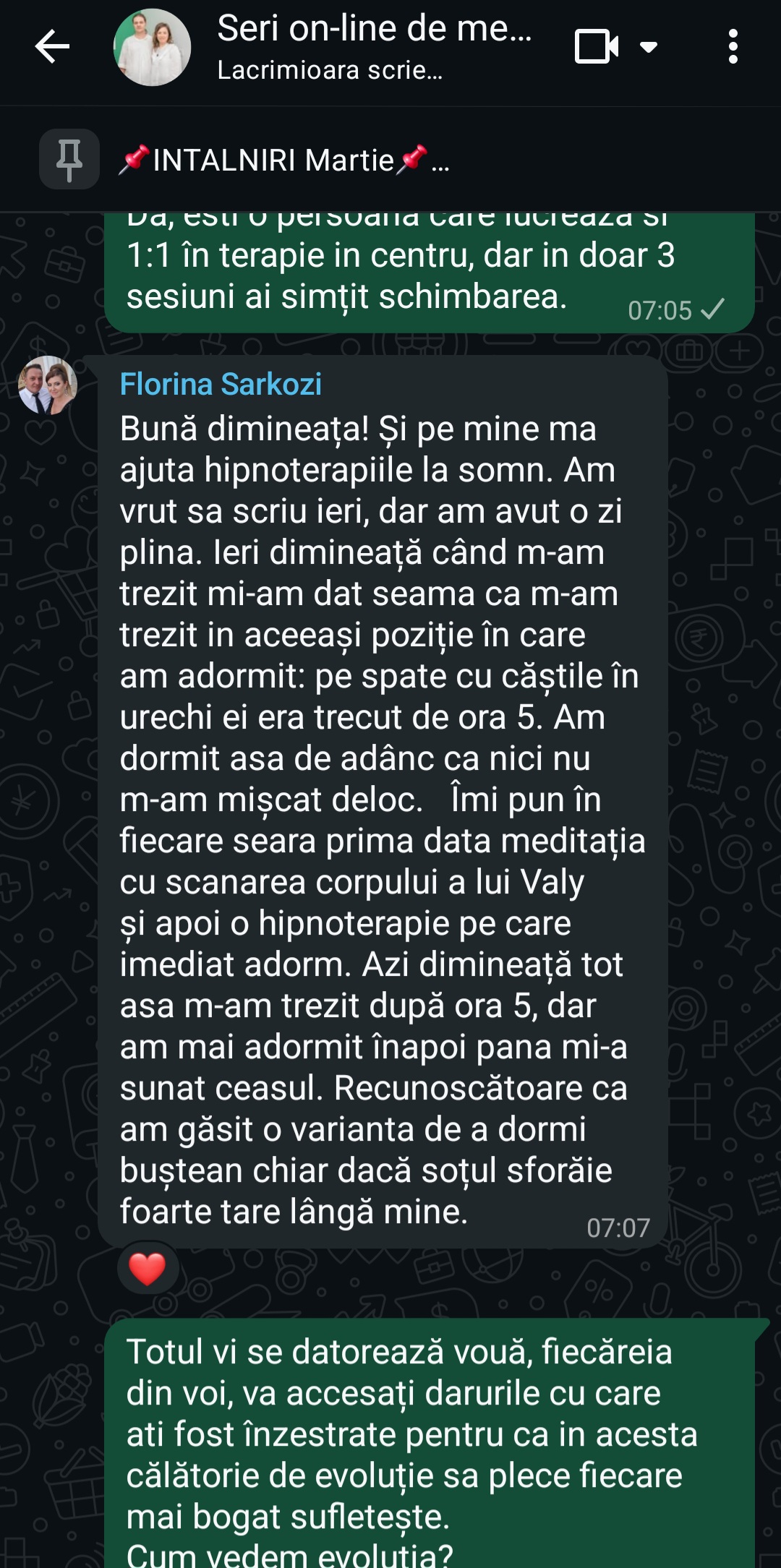Mărturie de la Florina Sarkozi (WhatsApp): Somn odihnitor cu meditația de seară și hipnoterapie